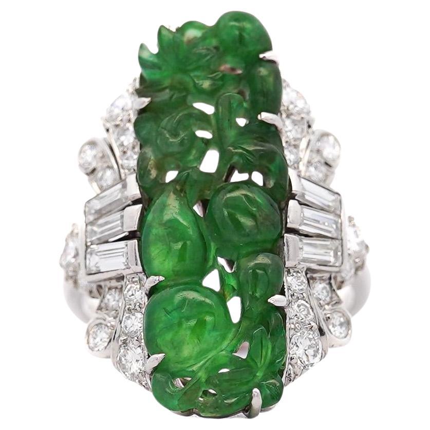 GIA Certified Vintage Carved Jadeite Jade & Diamond Statement Ring For Sale