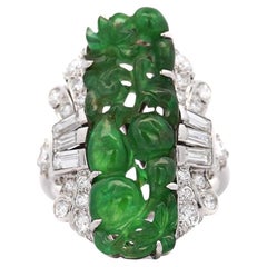 GIA Certified Vintage Carved Jadeite Jade & Diamond Statement Ring