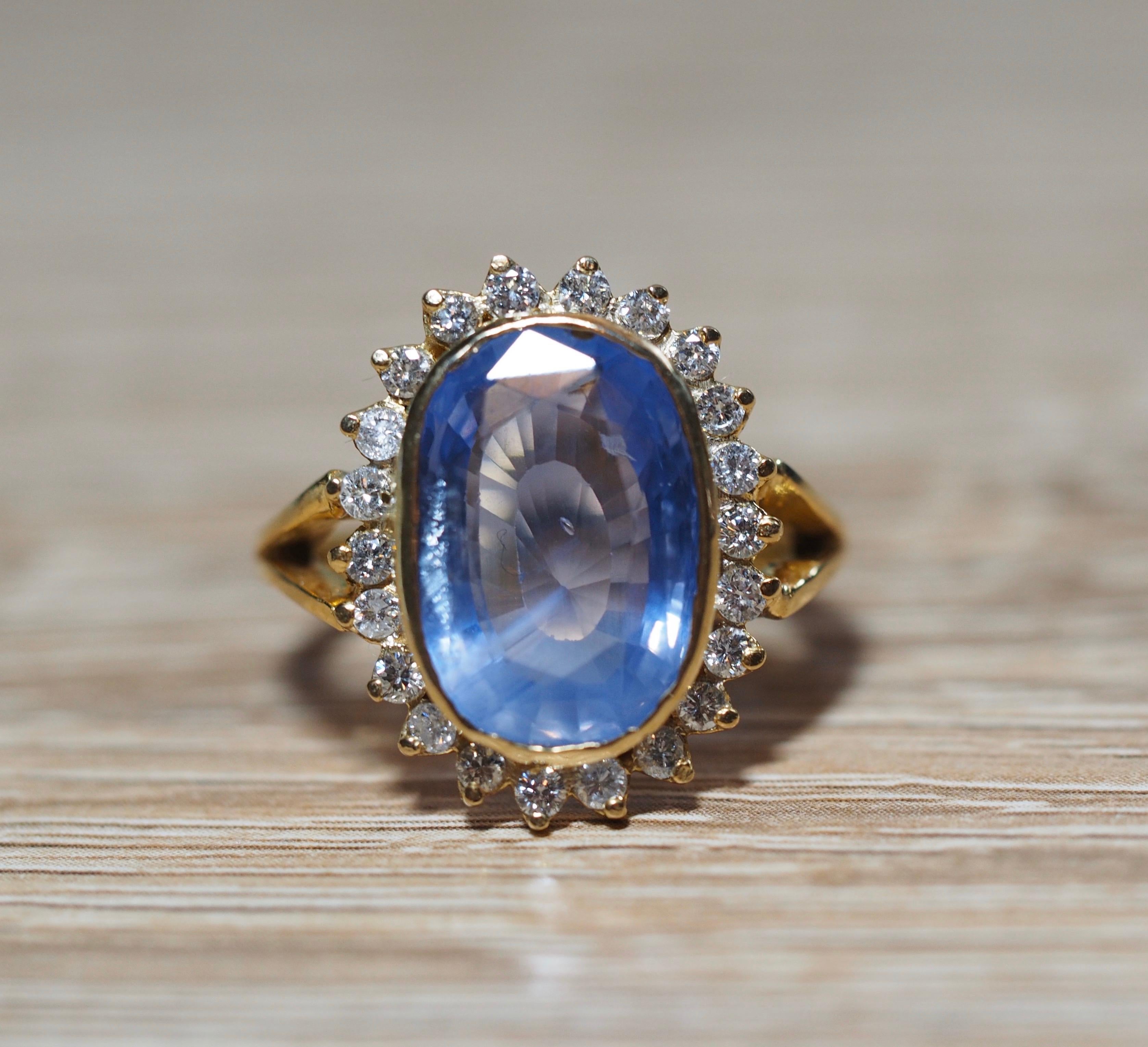 This Vintage GIA Certified Ceylon Sapphire center is absolutely fascinating. It weighs approximately 5.90 carats and measures 15.00 x 10.00 x 4.61 MM. It is a natural No Heat sapphire that has a 