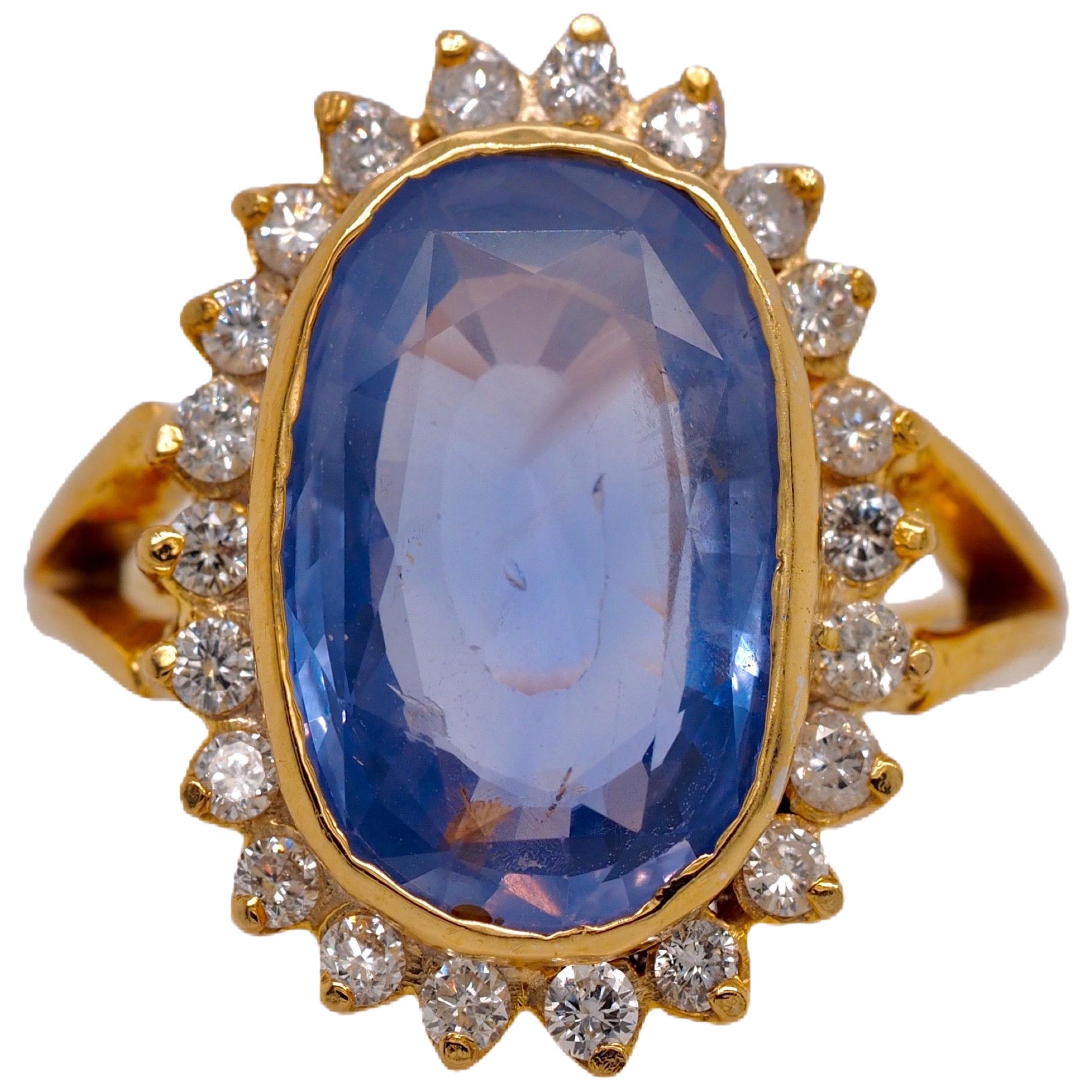 GIA Certified Vintage Ceylon Sapphire Diamond Halo Ring in 14 Karat Yellow Gold