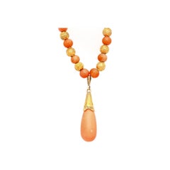 GIA Certified Vintage Coral and 14K Gold Filigree Bead Necklace Drop Pendant