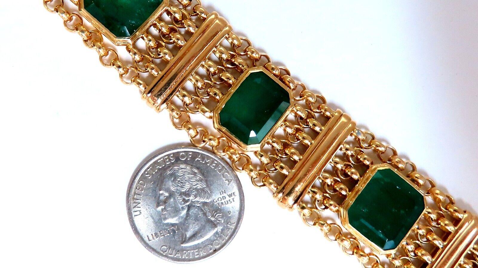 Natural Emeralds Vintage Bracelet

60ct. Natural emeralds

One random tested by GIA

F2 Clarity 

Emerald, full cuts

Semi Transparent & Vivid Greens.

 average: 14 X 12mm

5 count.

18kt. yellow gold 

70 Grams.

Bracelet measures  23mm wide

7