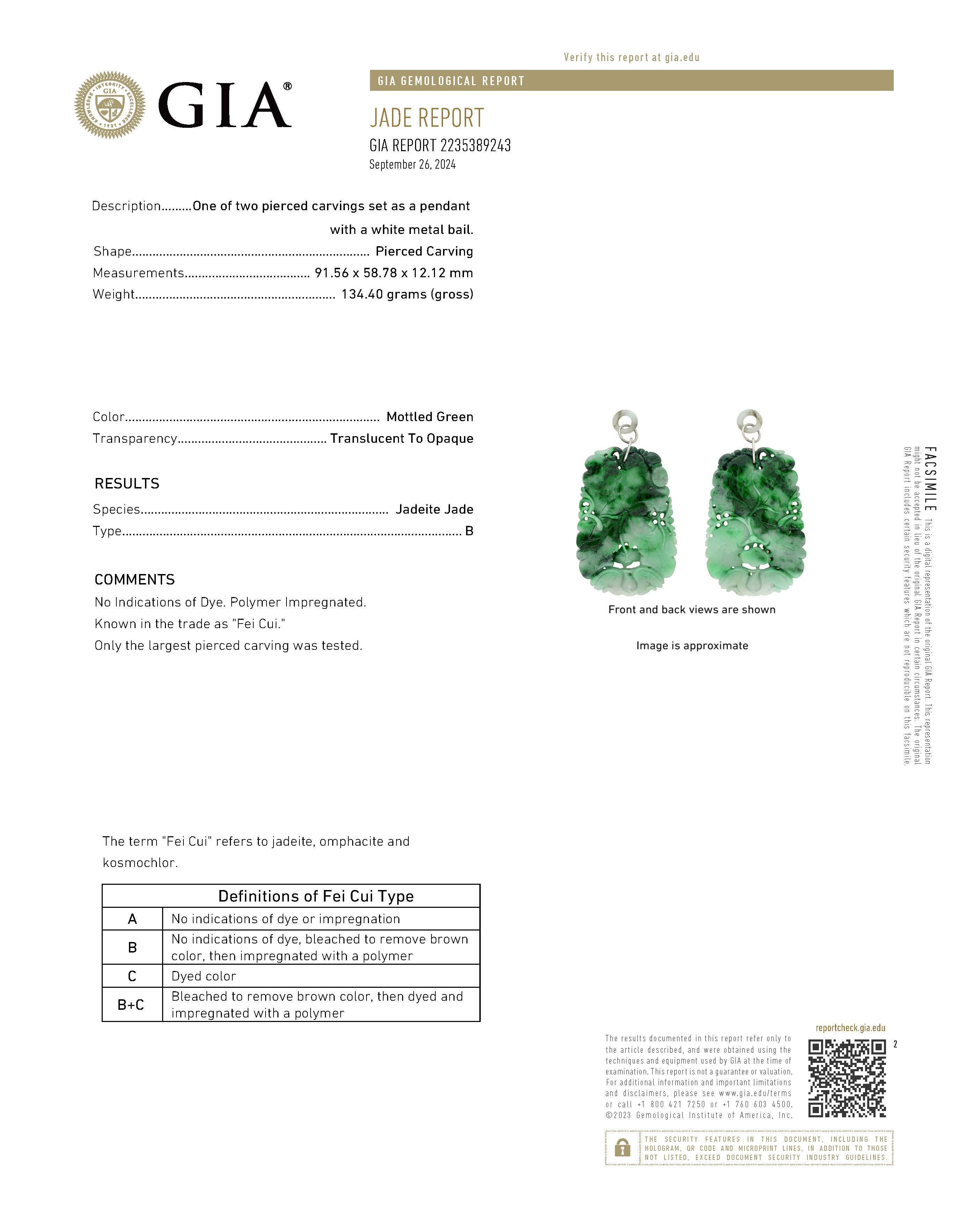 Women's or Men's GIA Certified, Vintage Jade Chinese Pendant For Sale