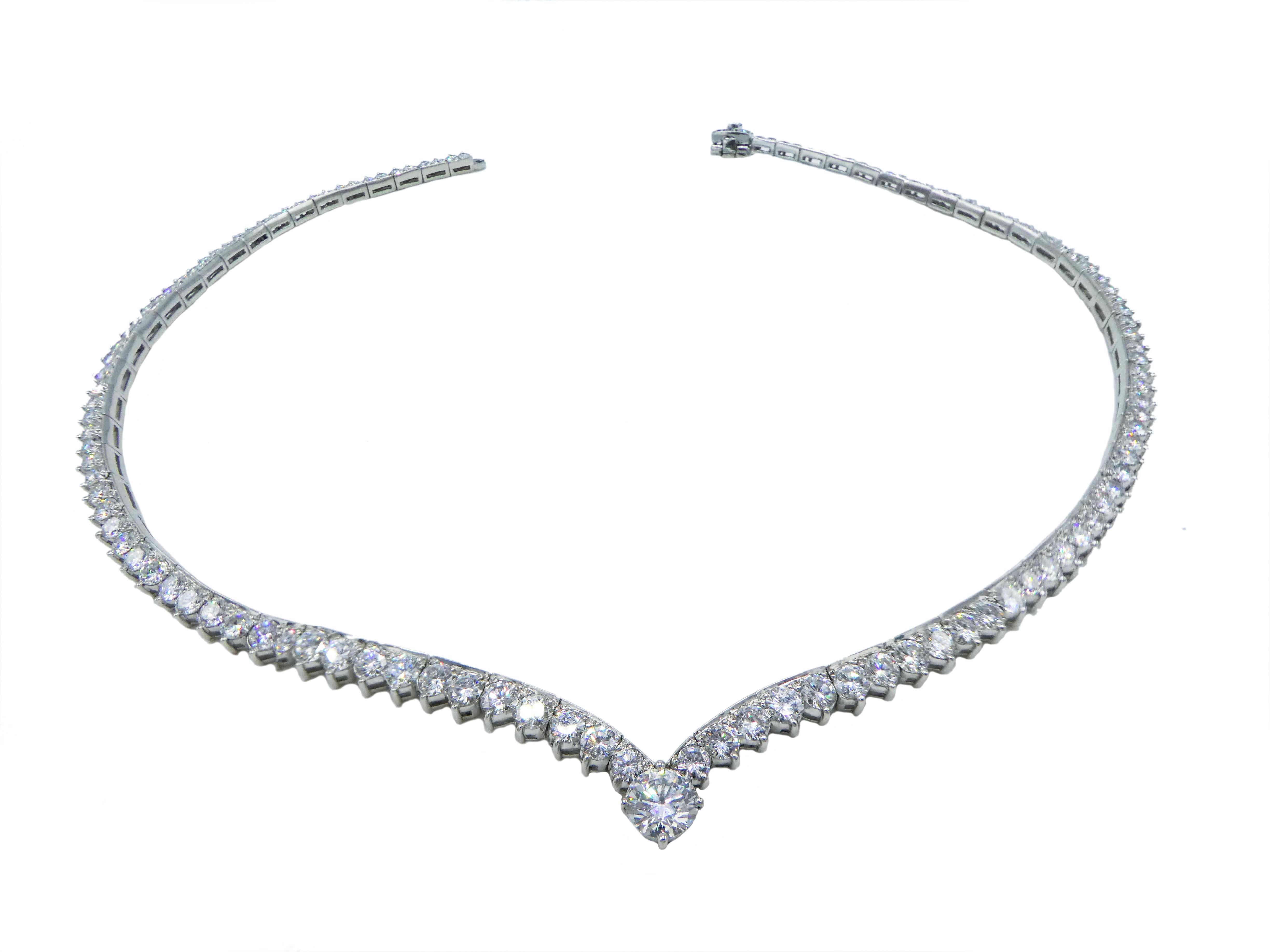GIA Certified Platinum 15 Carat Graduated Riviera Diamond Necklace. Center diamond is a GIA certified 1.10 carat H VS1 round brilliant cut diamond. 

GIA Report Number: 2145144200 (note original report pictured for details)
Metal: Platinum
Weight: