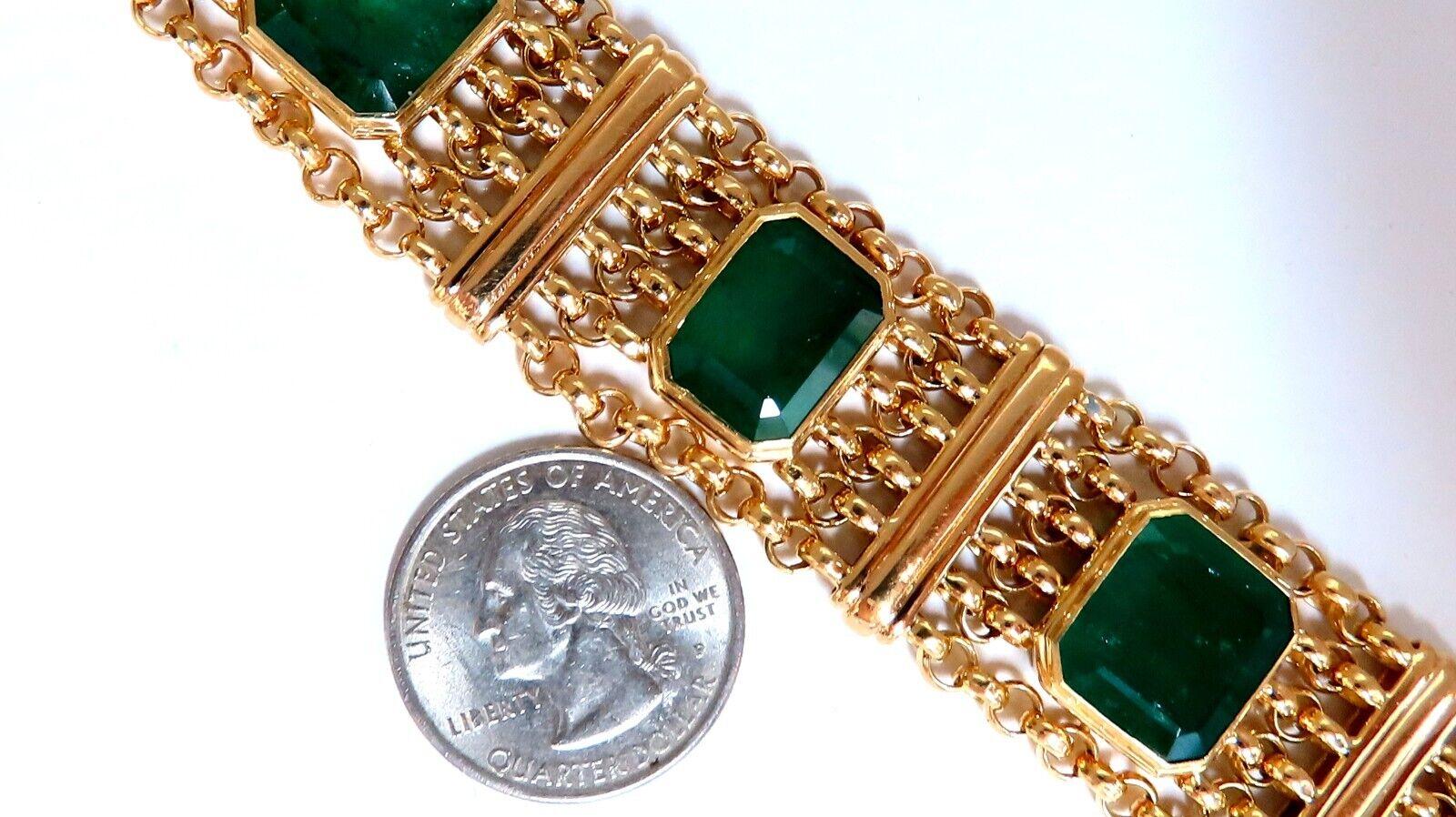 Natural Russian Emeralds Vintage Bracelet

60ct. Natural emeralds

One random tested by GIA

F2 Clarity / Russian

Emerald, full cuts

Semi Transparent & Vivid Greens.

 average: 14 X 12mm

5 count.

18kt. yellow gold 

70 Grams.

Bracelet measures 