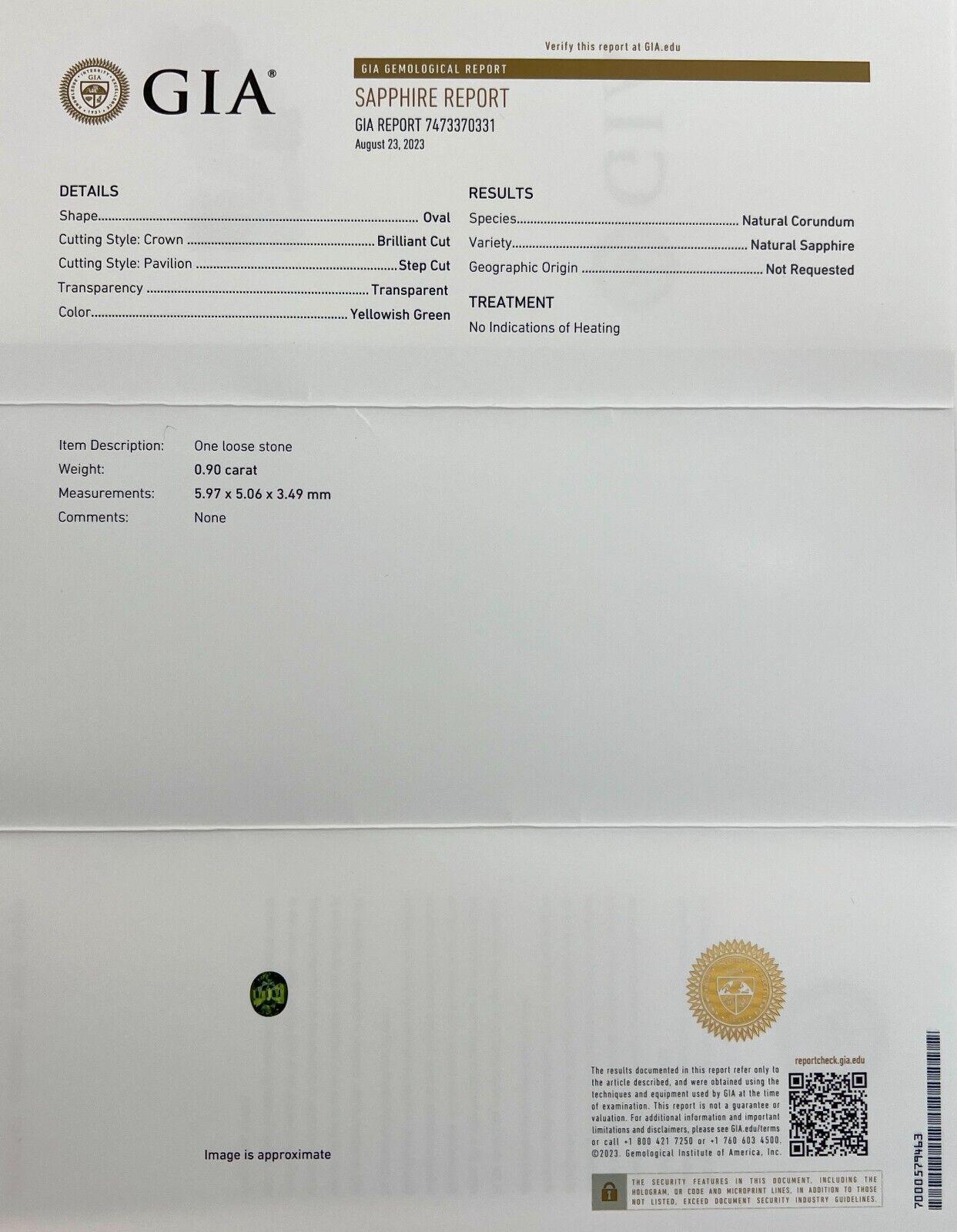 GIA Certified Vivid Yellow Green Sapphire 0.90Ct Natural Oval Cut Unheated Rare  en vente 3