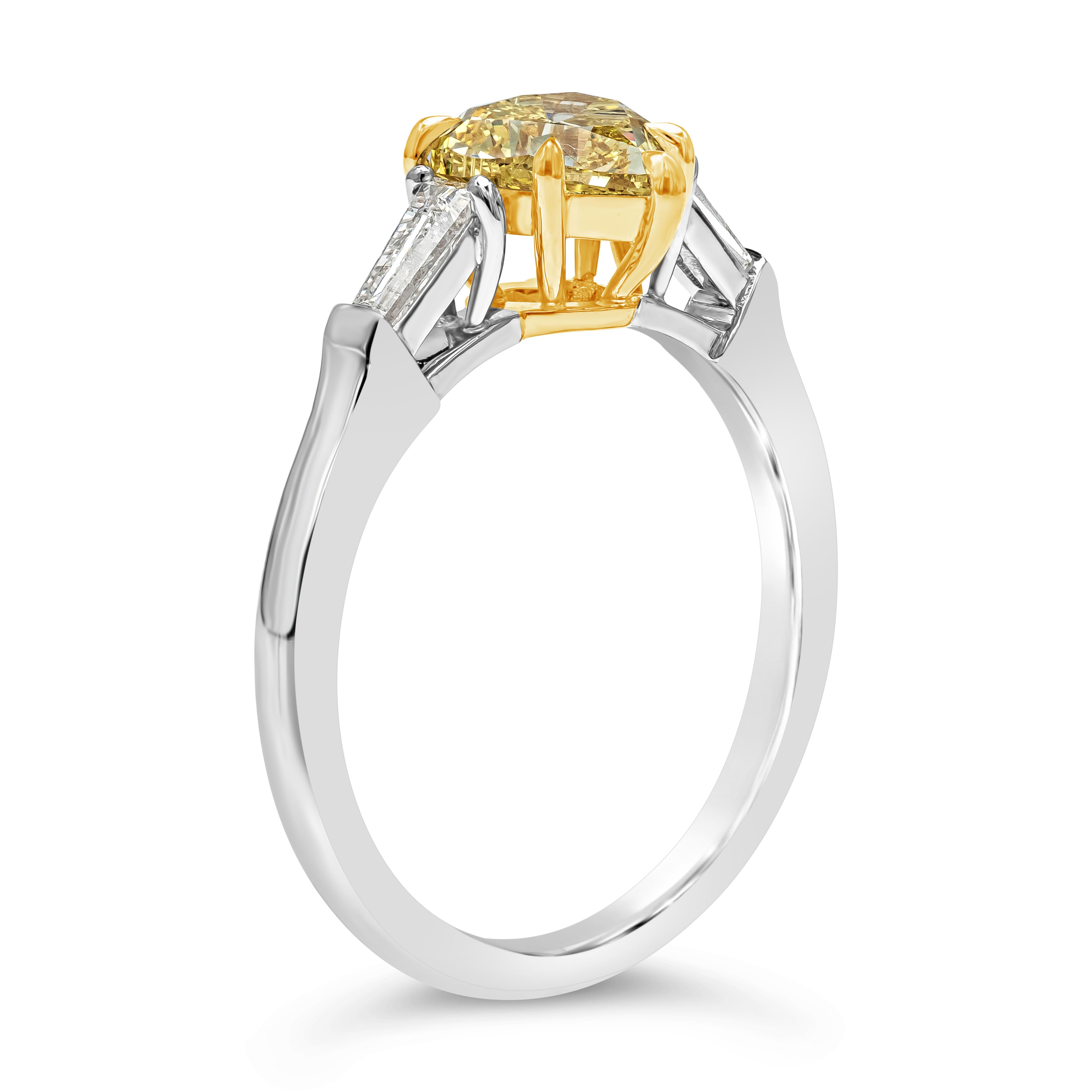 Contemporary 1.01 Carats Heart Shape Fancy Vivid Yellow Diamond Three Stone Engagement Ring For Sale
