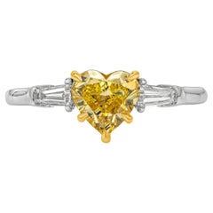 GIA Certified 1.01 Carat Heart Shape Yellow Diamond Three Stone Engagement Ring
