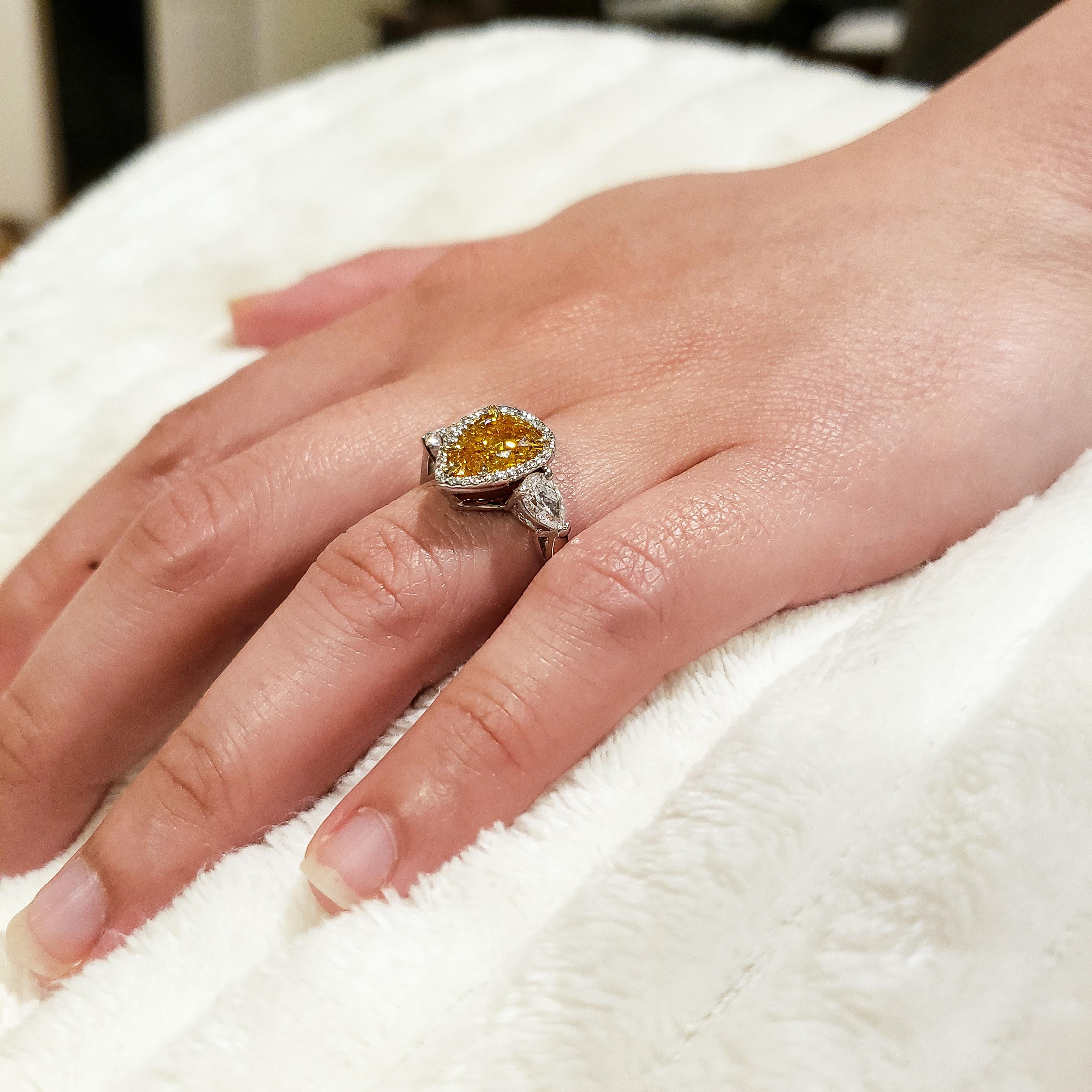 GIA Certified Vivid Yellow Orange Pear Shape Diamond Engagement Ring In New Condition For Sale In New York, NY