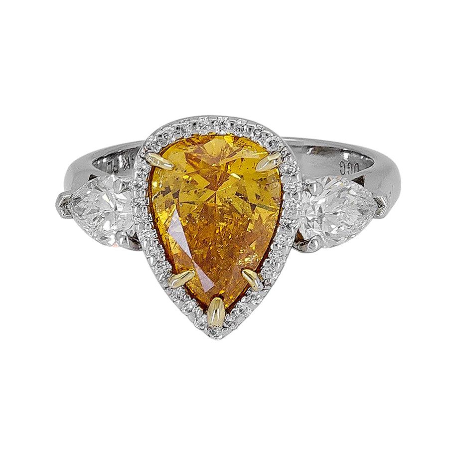 GIA Certified Vivid Yellow Orange Pear Shape Diamond Engagement Ring For Sale