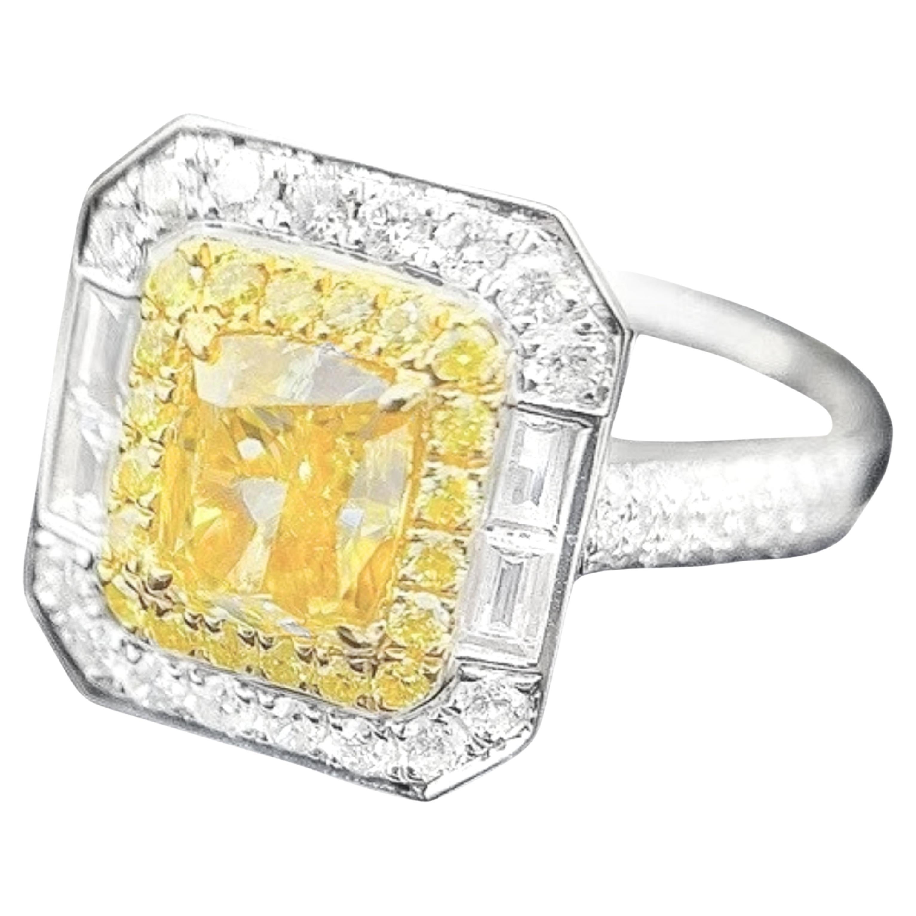 GIA Certified VS1 Clarity 1.01 CT Yellow Diamond Ring with Baguette Diamonds
