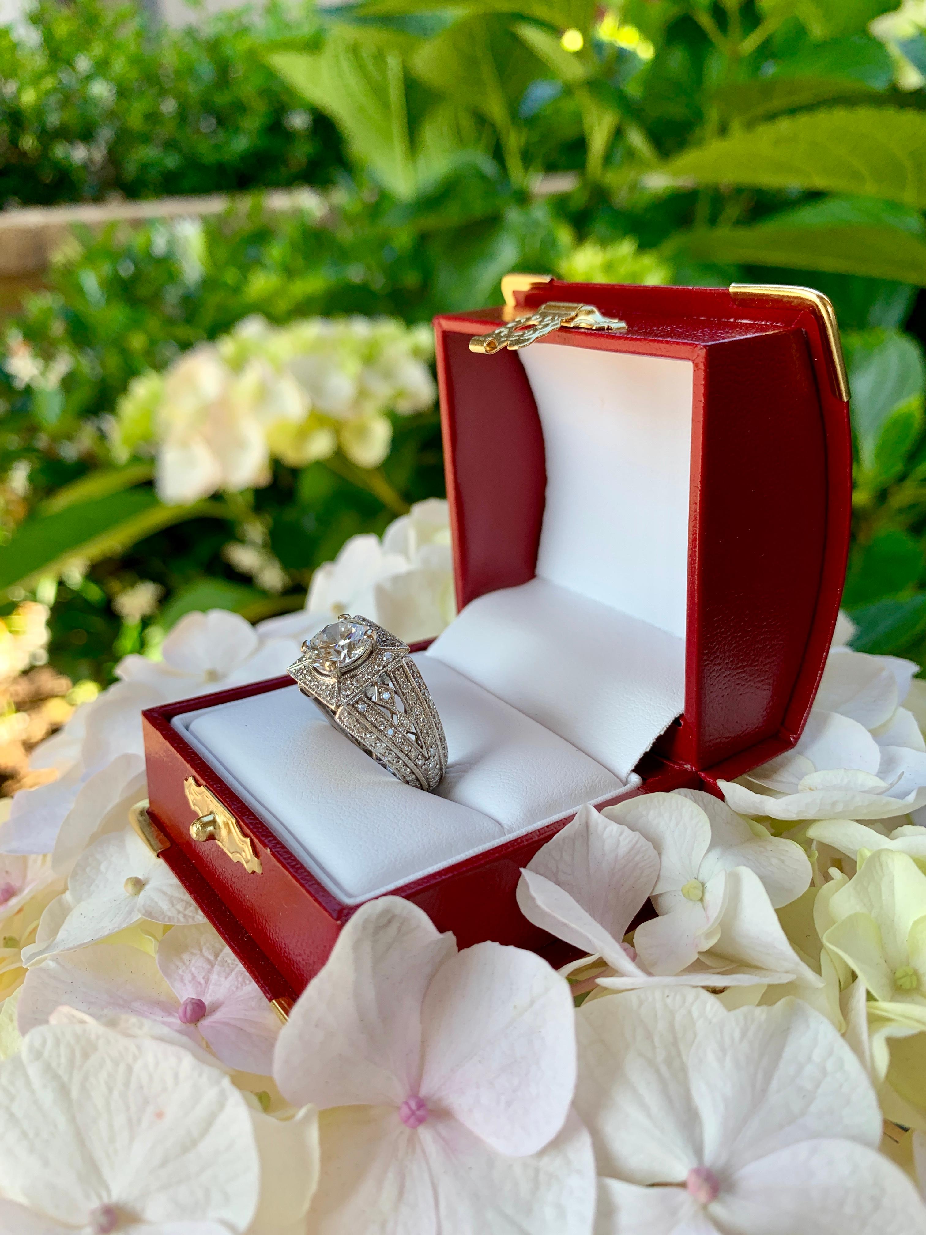 Art Deco GIA Certified VVS2 F 1.85 Carat Center Diamond Ring with 3.5 Carat Total Weight