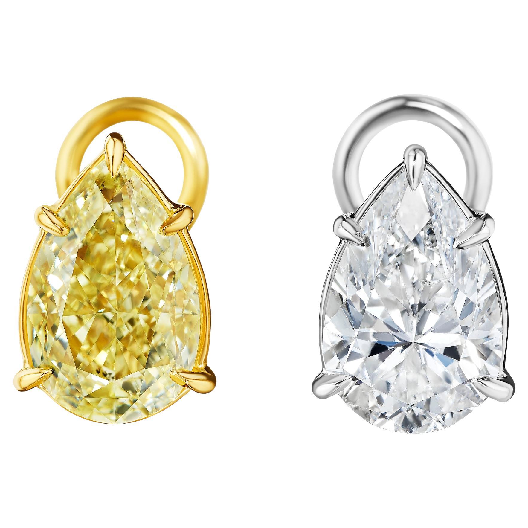 Gia Certified White and Yellow Pear Diamond Stud Earrings For Sale