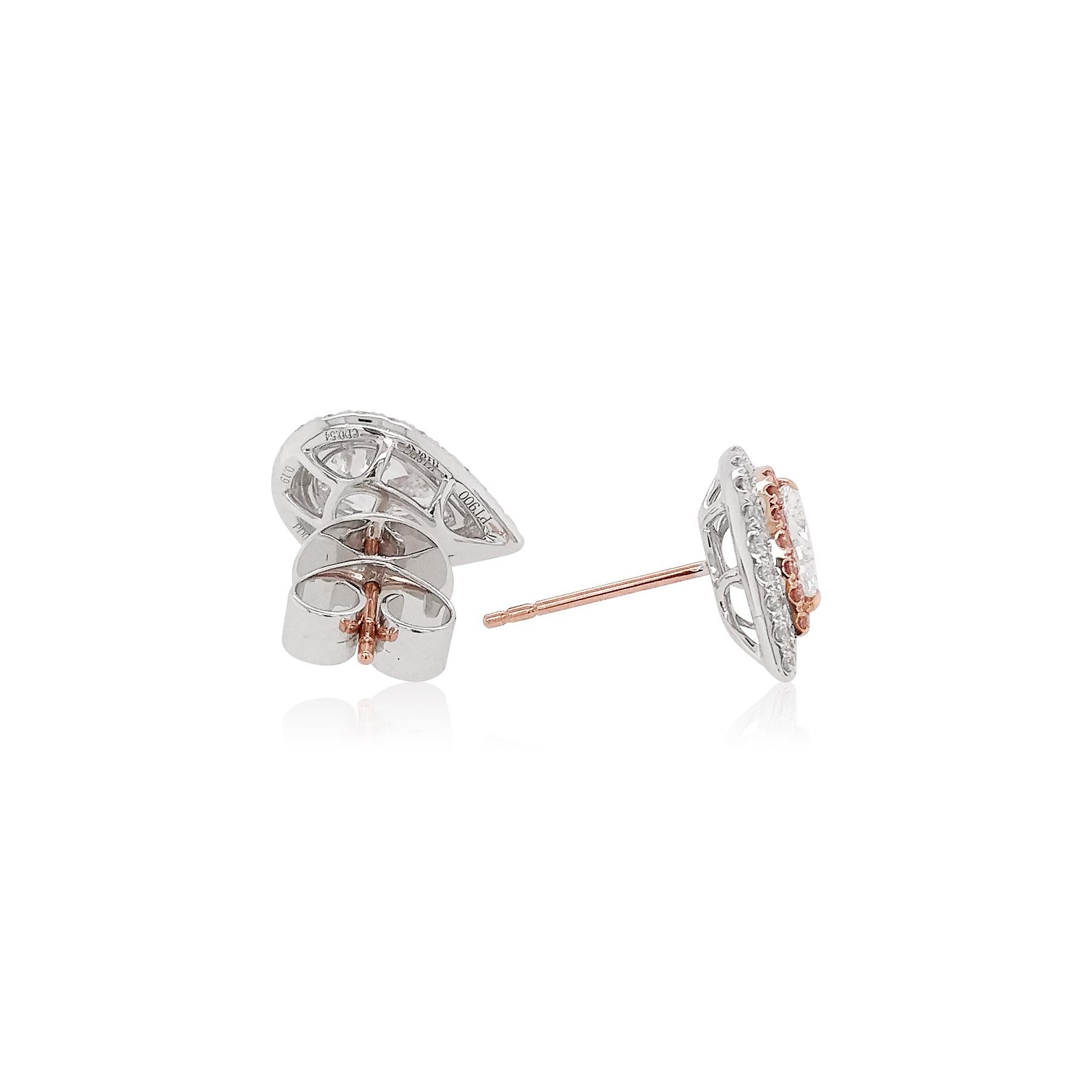 Contemporary GIA Certified White Diamond and Argyle Pink Diamond in Platinum Stud Earrings