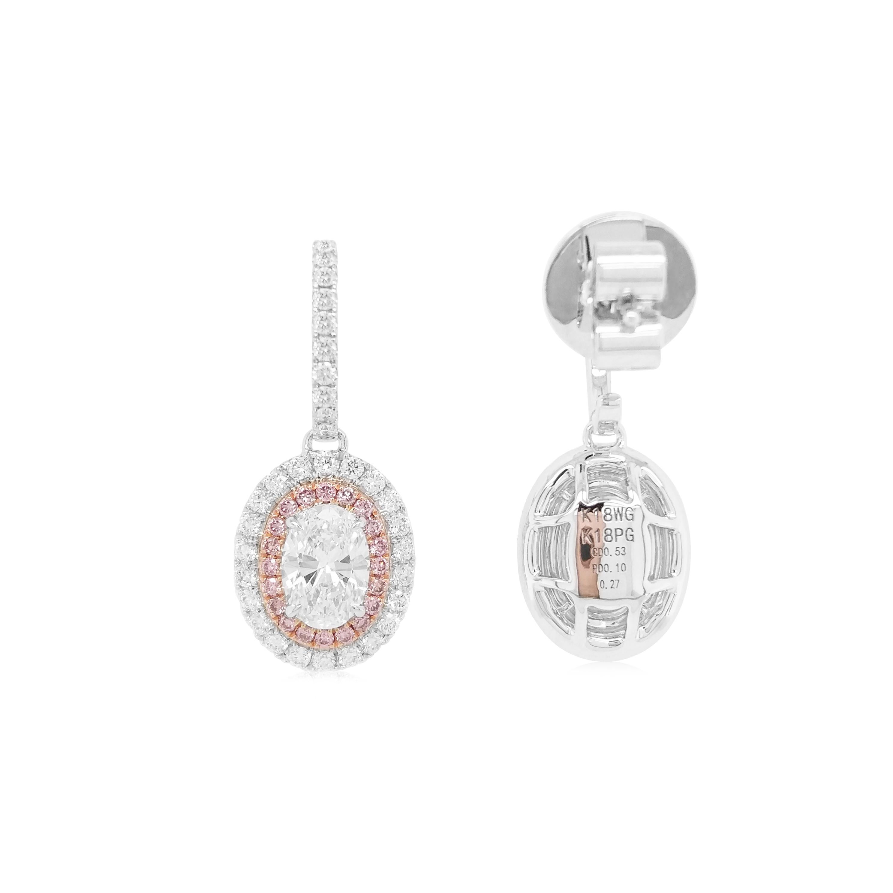 Contemporary GIA Certified Oval Shape White Diamond and Pink Diamond 18K Gold Earrings For Sale