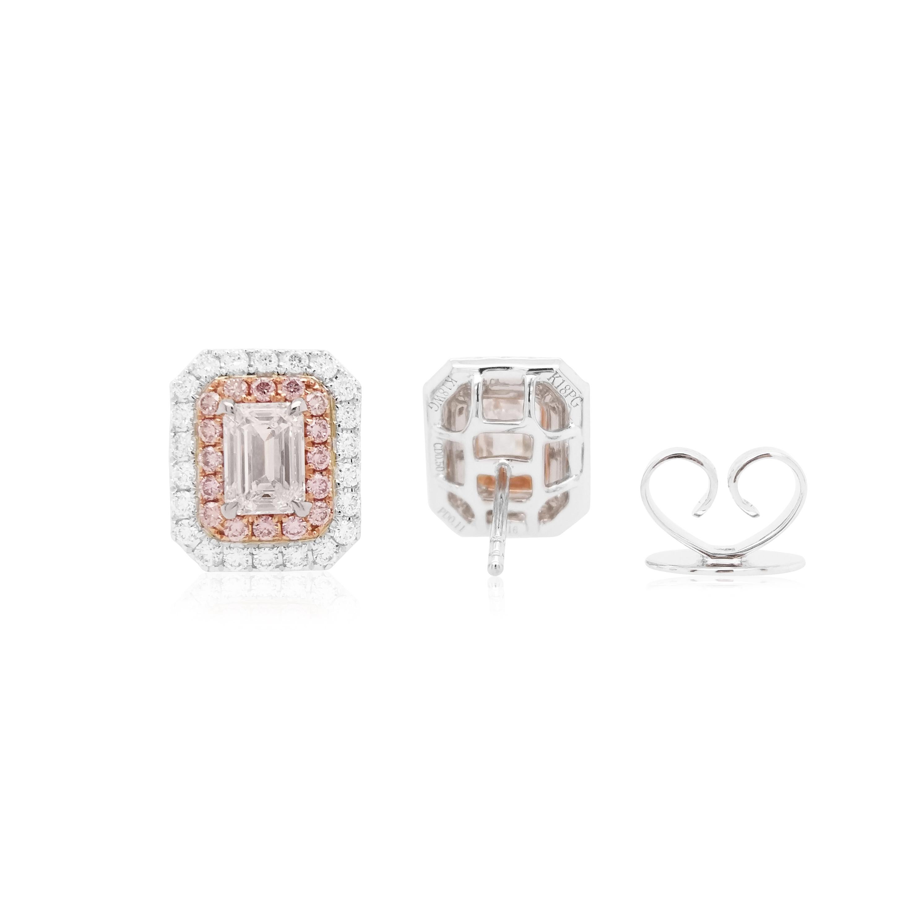 Contemporary GIA Certified White Diamond Earrings with rare Pink diamonds set in 18K Gold