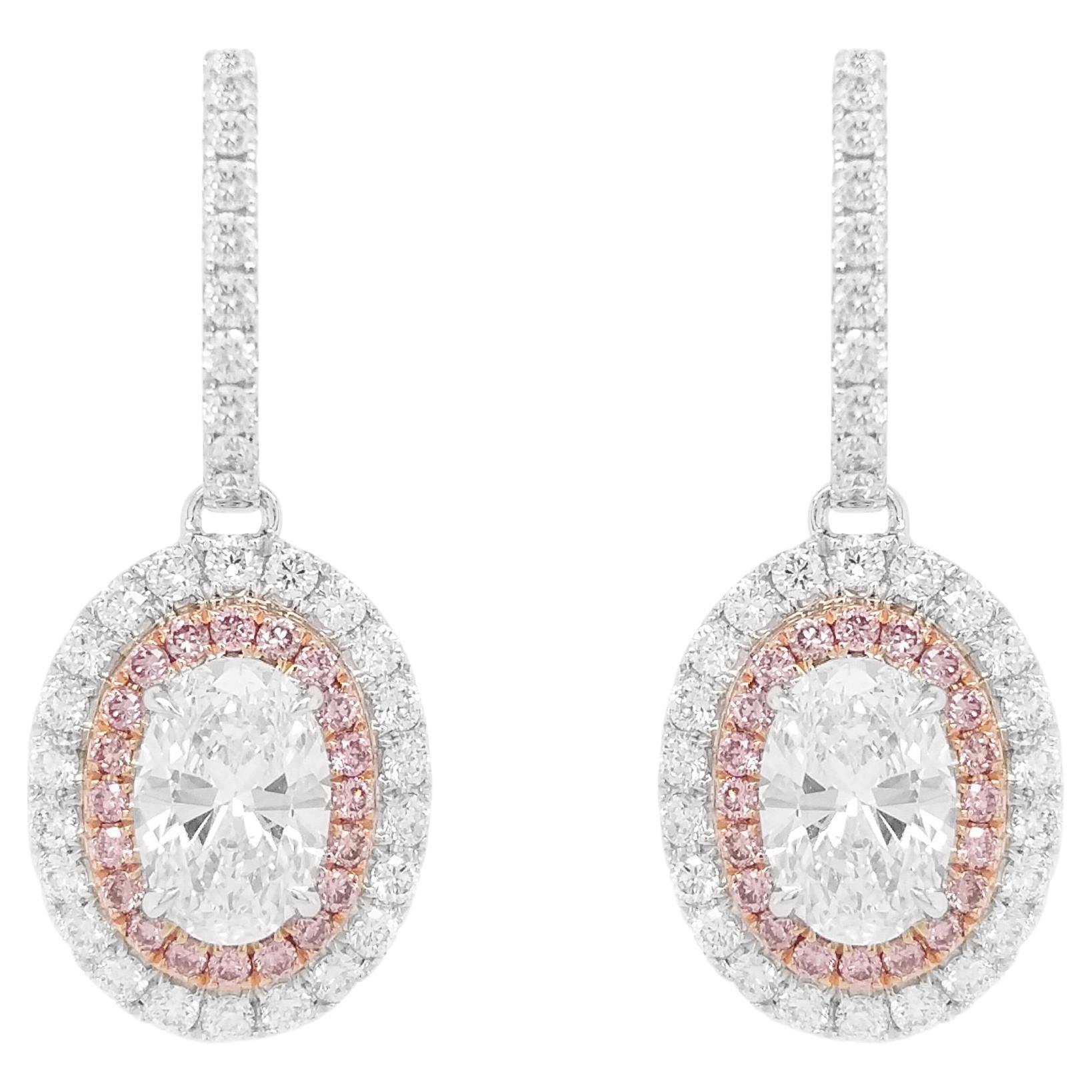 GIA Certified Oval Shape White Diamond and Pink Diamond 18K Gold Earrings