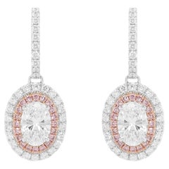 GIA Certified Oval Shape White Diamond and Pink Diamond 18K Gold Earrings