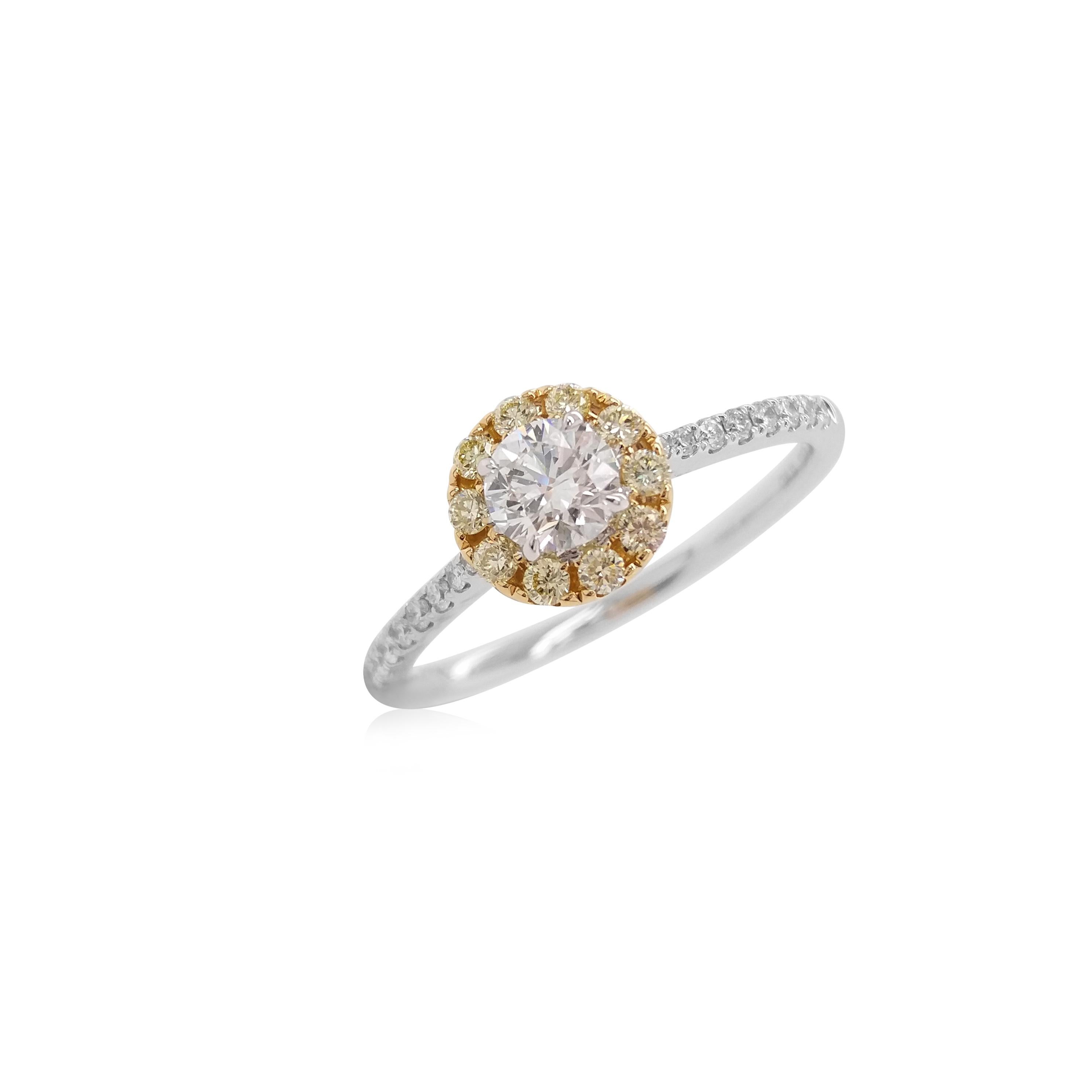 Contemporain Bague de fiançailles en or 18K avec diamant blanc certifié GIA et diamant jaune en vente