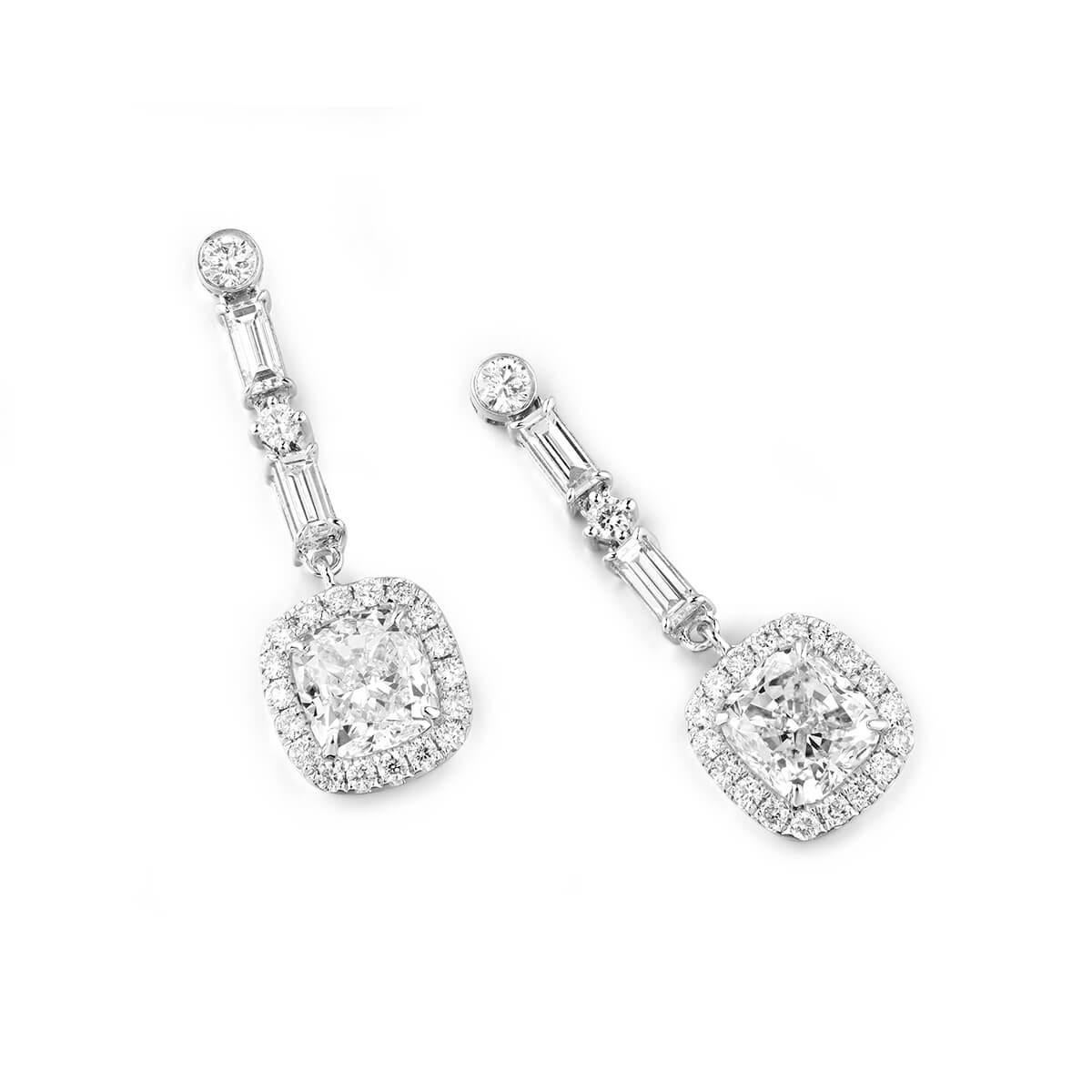 Modern GIA Certified White Gold Cushion and Baguette Cut Diamond Earrings, 2.72 Carat For Sale