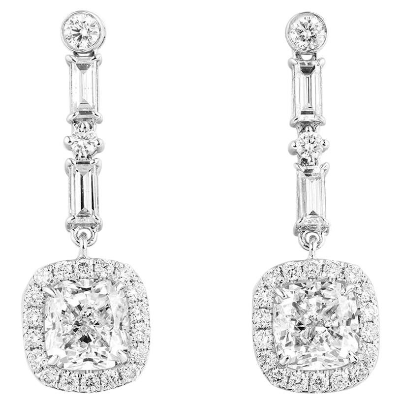 GIA Certified White Gold Cushion and Baguette Cut Diamond Earrings, 2.72 Carat For Sale