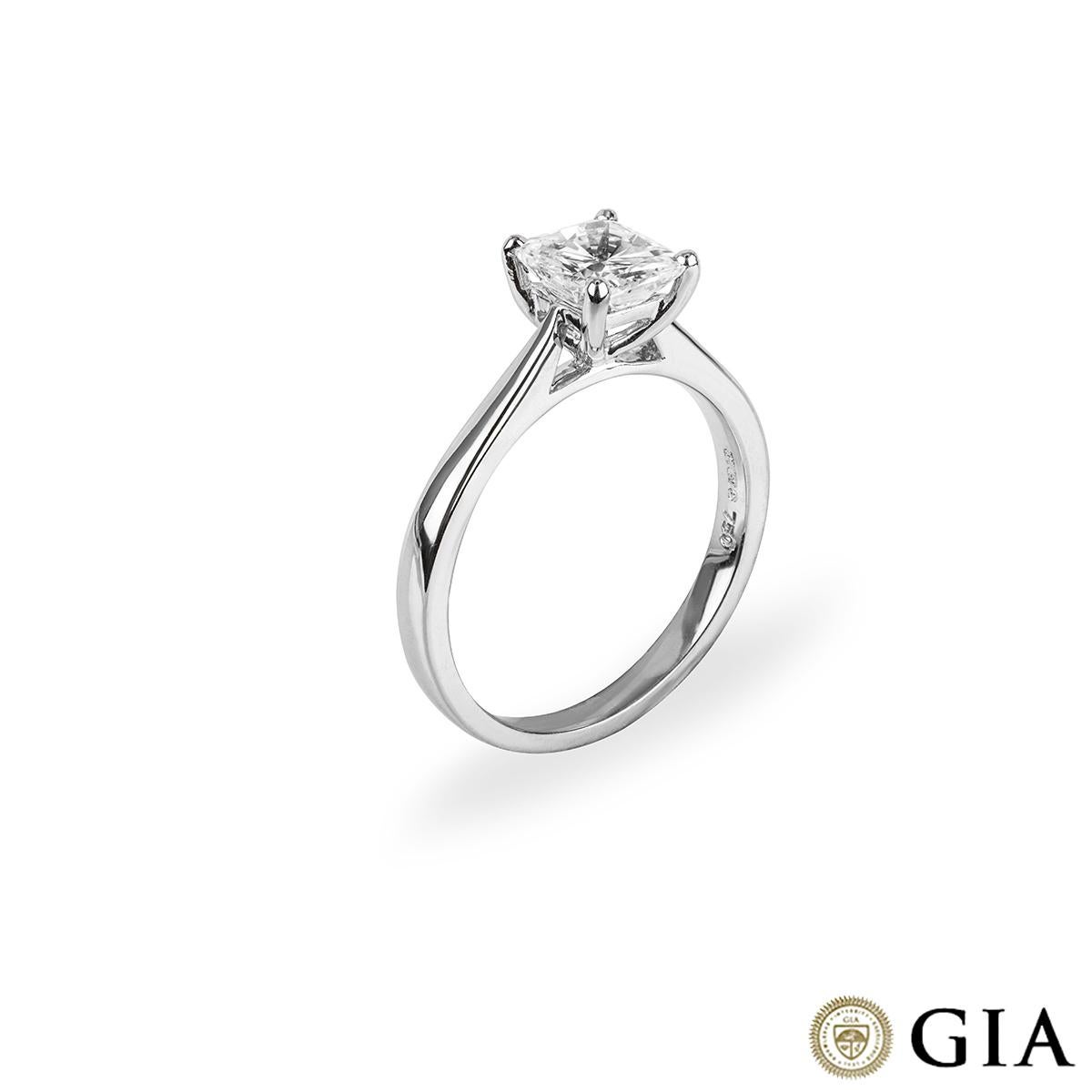 A stunning 18k white gold diamond engagement ring. The solitaire comprises of a cushion cut diamond in a four claw setting with a weight of 1.14ct, G in colour and VS1 clarity. The ring has a gross weight of 3.40 grams and is currently a UK size M½