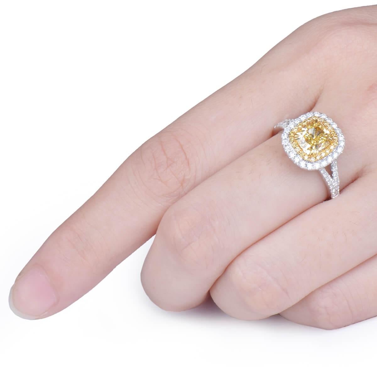 GIA Certified White Gold Cushion Cut Fancy Intense Yellow Diamond Ring - 2.07 ct For Sale 1