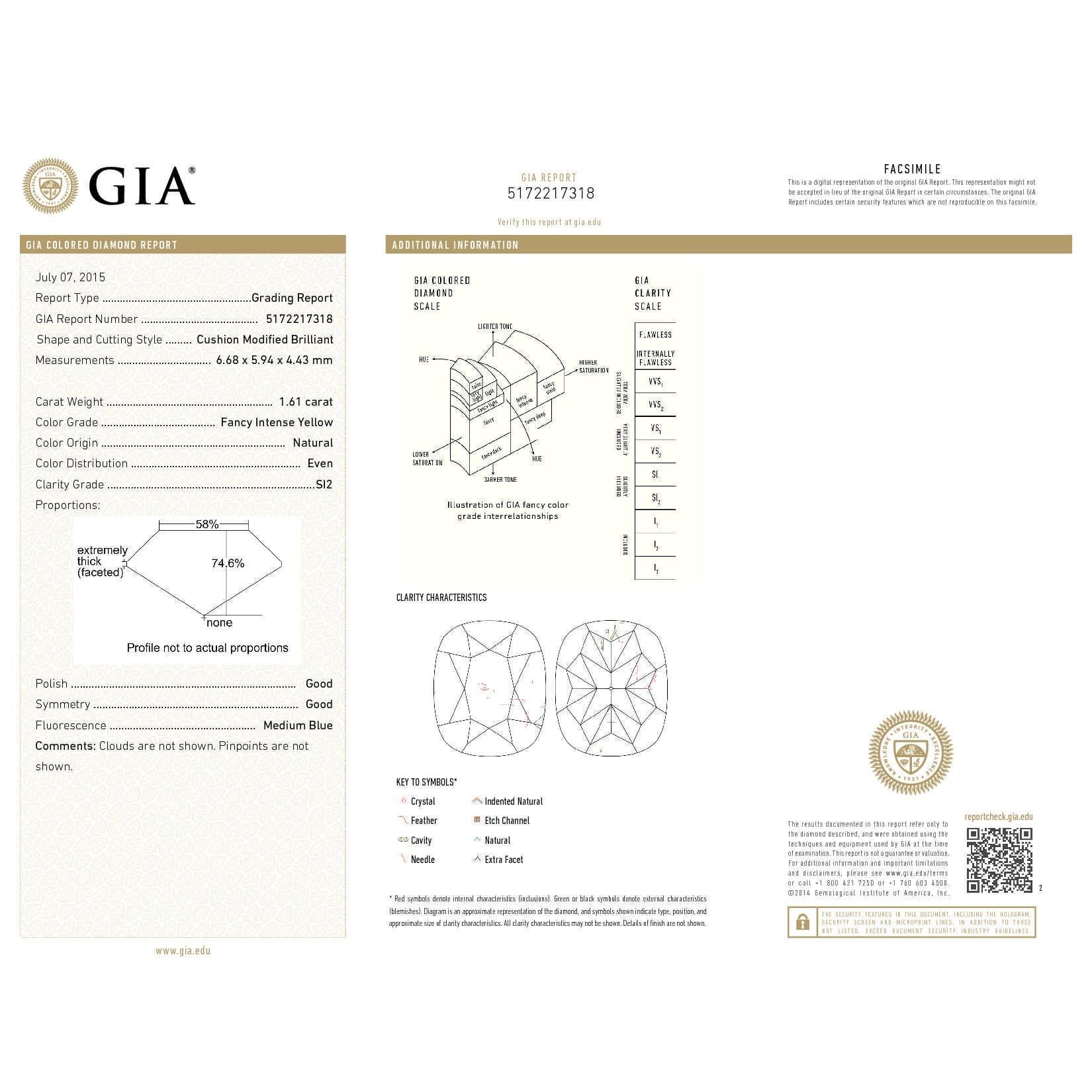 GIA Certified White Gold Cushion Cut Fancy Intense Yellow Diamond Ring - 2.07 ct For Sale 2