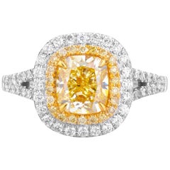 GIA Certified White Gold Cushion Cut Fancy Intense Yellow Diamond Ring - 2.07 ct
