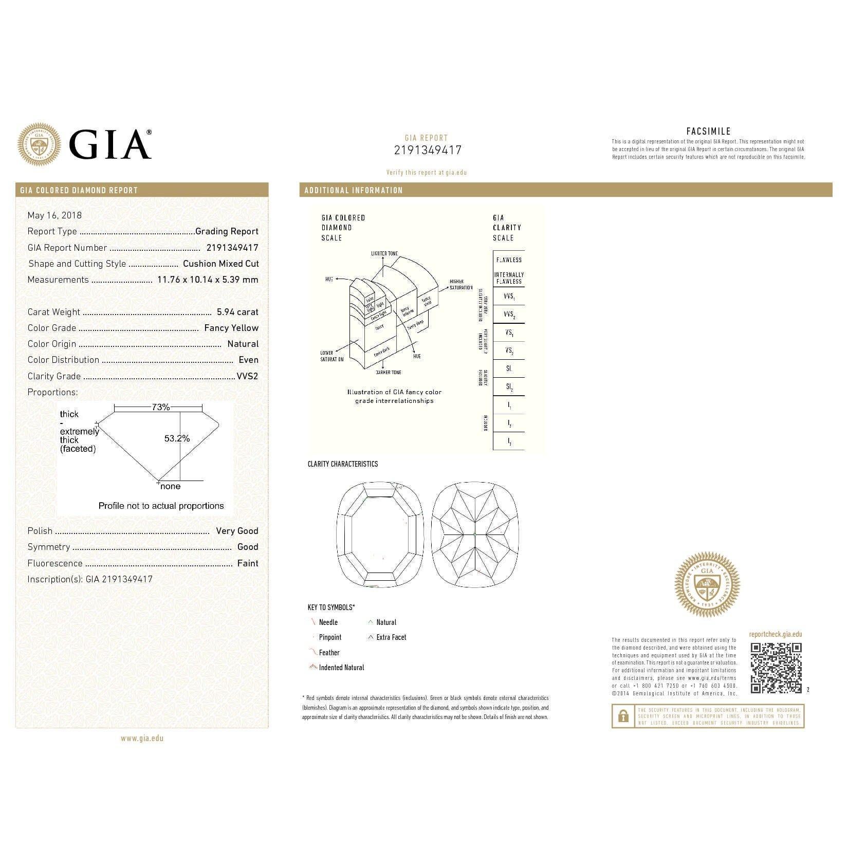 GIA Certified White Gold Cushion Cut Fancy Yellow Diamond Ring, 6.85 For Sale 2