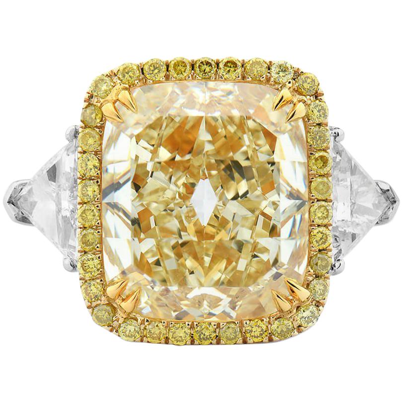 GIA Certified White Gold Cushion Cut Fancy Yellow Diamond Ring, 6.85 For Sale