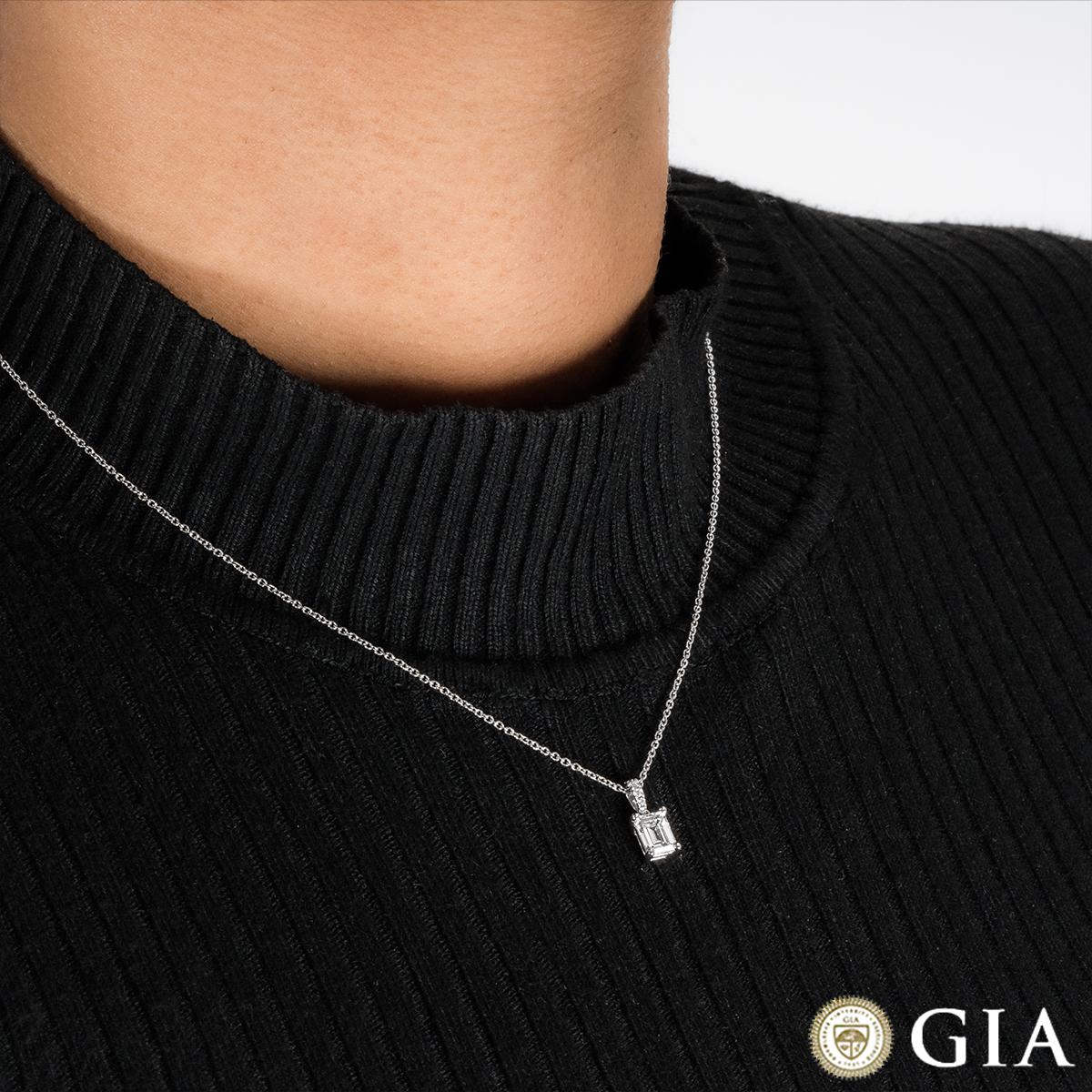 GIA Certified White Gold Emerald Cut Diamond Pendant 0.92 Carat G/SI1 For Sale 2