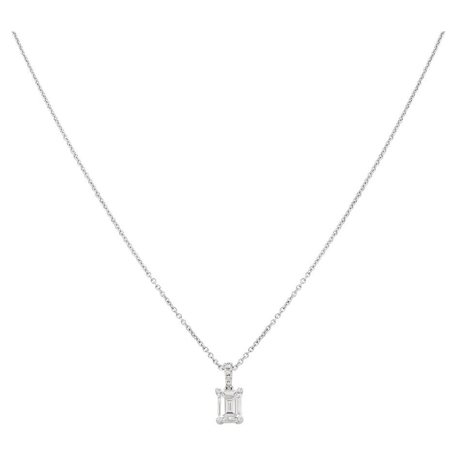 GIA Certified White Gold Emerald Cut Diamond Pendant 0.92 Carat G/SI1 For Sale