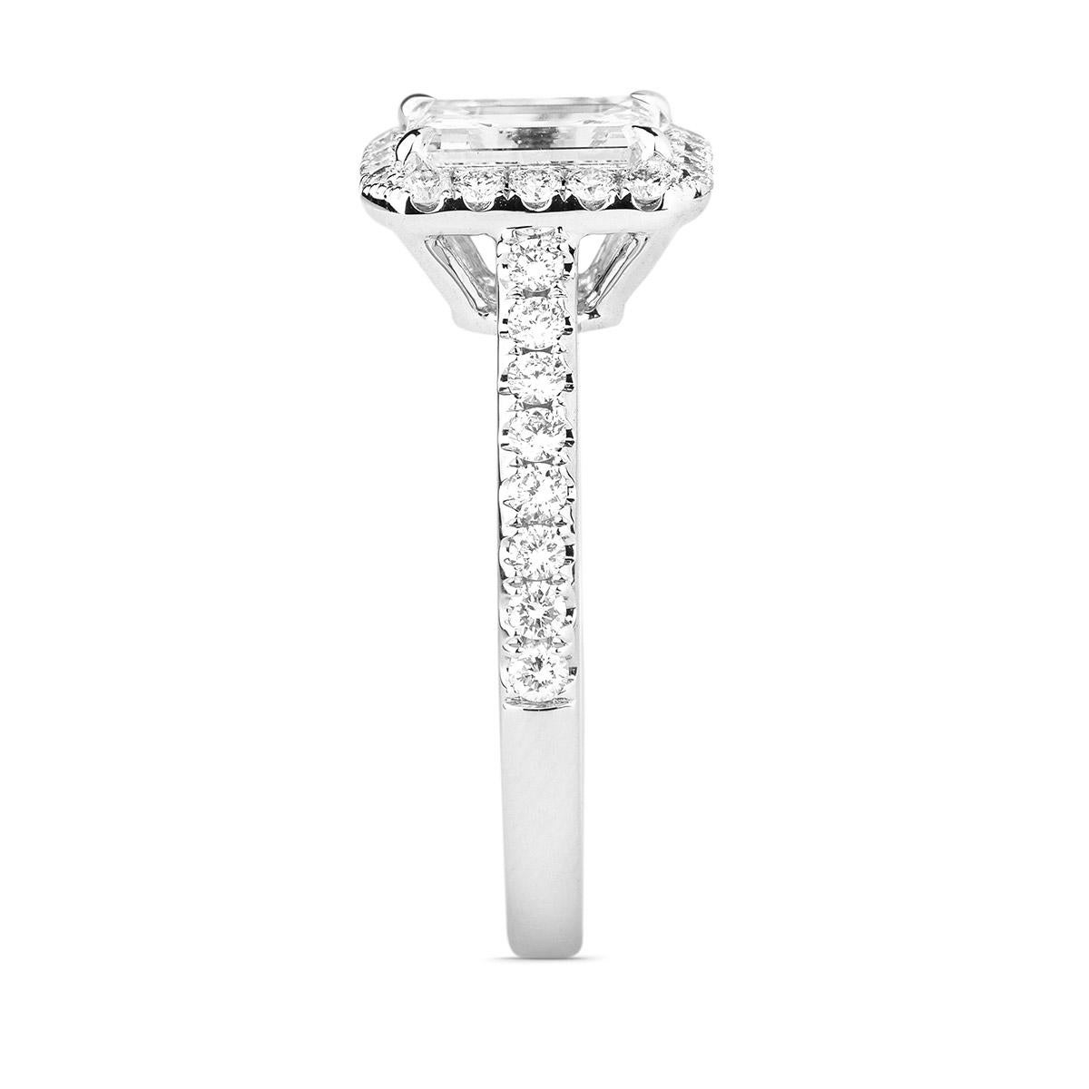 Modern GIA Certified White Gold Emerald Cut Diamond Ring with a Halo, 1.62 Carat