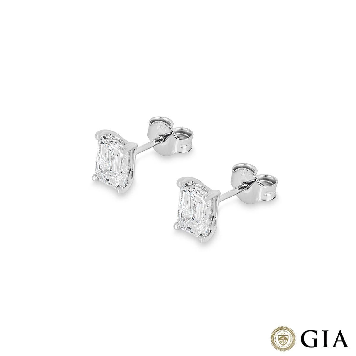 An exquisite pair of 18k white gold diamond stud earrings. The earrings feature emerald cut diamonds in a 4 prong mount. The first diamond weighs 1.01ct, G colour and VVS1 clarity with the second diamond weighing 1.00ct, G colour and VVS2 clarity.