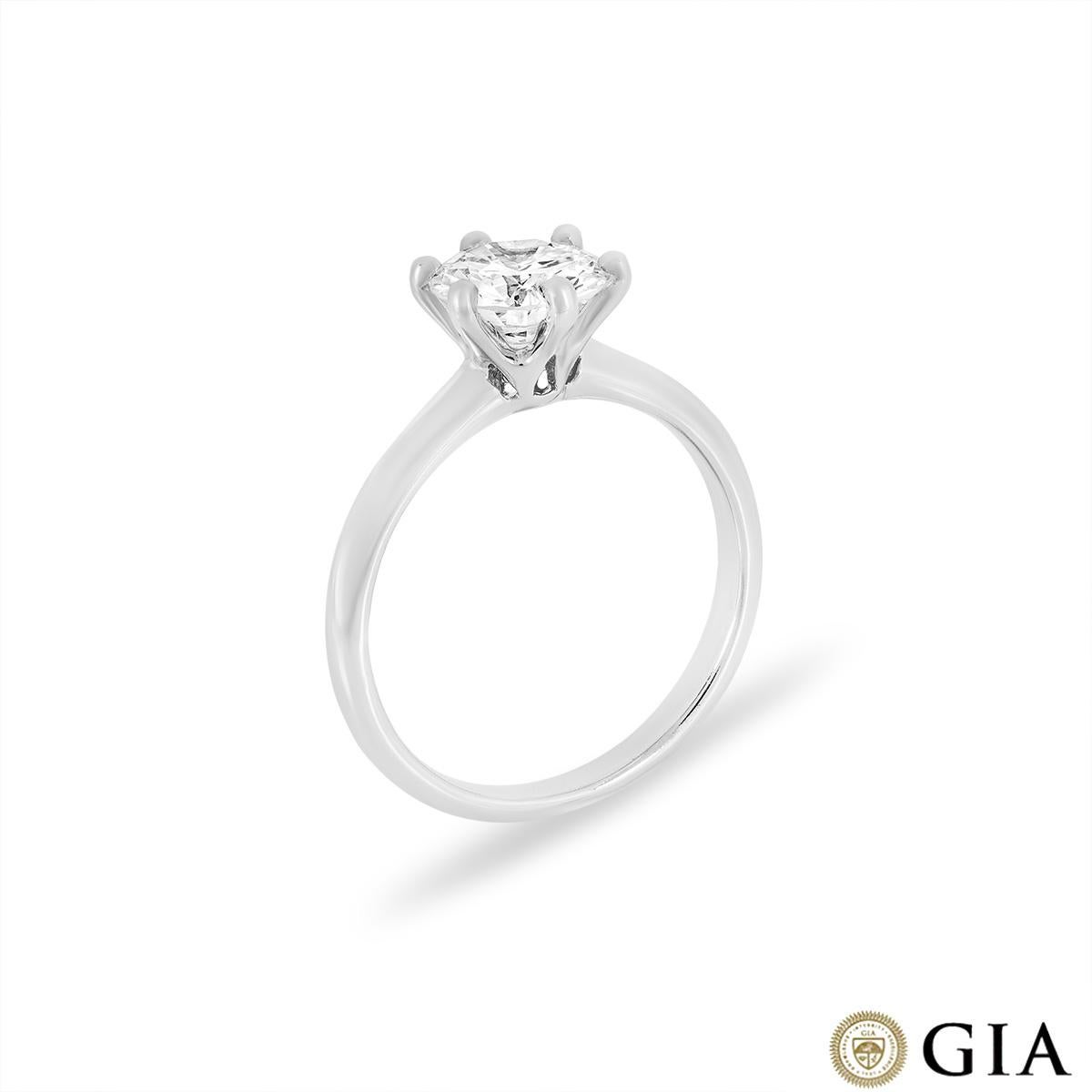 A timeless 18k white gold diamond engagement ring. The six prong solitaire is set with a round brilliant cut diamond weighing 1.34ct, I colour and VS1 clarity. The 2.2mm knife edge ring has a gross weight of 3.27 grams and is currently a size M½ but