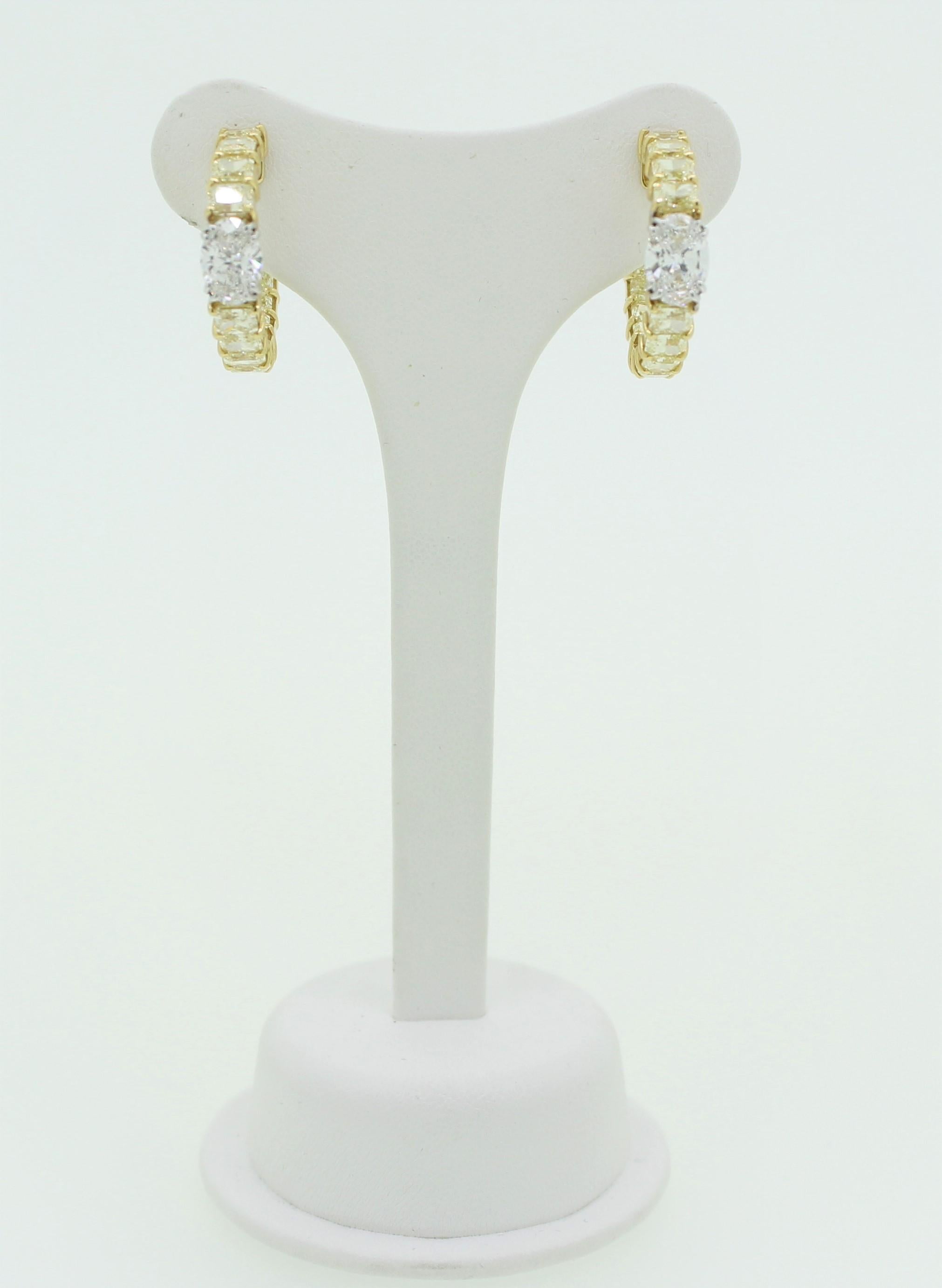 Oval Cut GIA Certified White Oval Diamond and Fancy Yellow Radiant Diamond Hoop Earrings For Sale