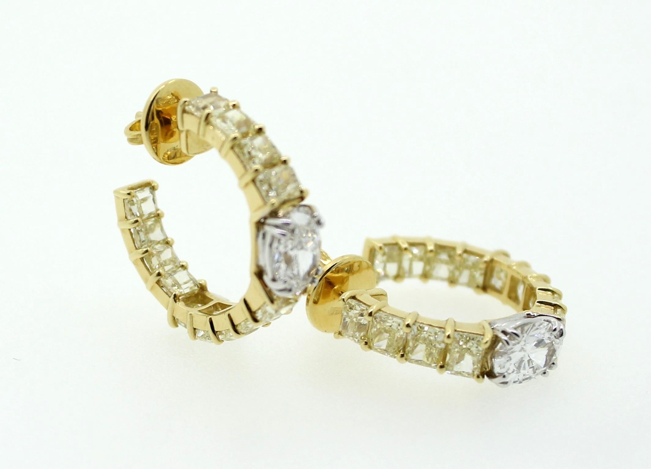 Women's GIA Certified White Oval Diamond and Fancy Yellow Radiant Diamond Hoop Earrings For Sale