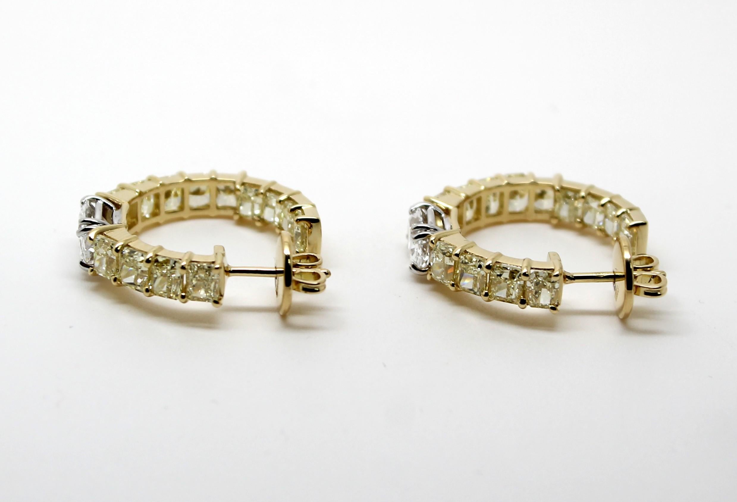 GIA Certified White Oval Diamond and Fancy Yellow Radiant Diamond Hoop Earrings For Sale 3