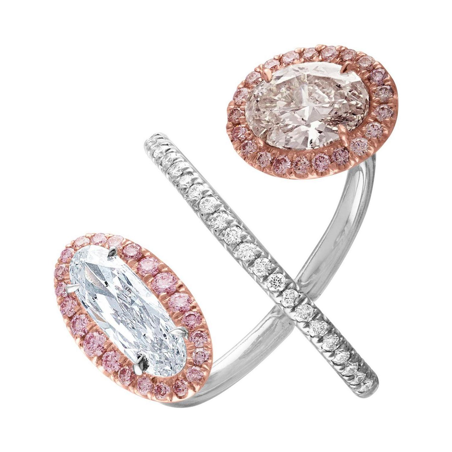 Contemporary GIA Certified White Oval Diamond and GIA Certified Brown-Pink Diamond Ring