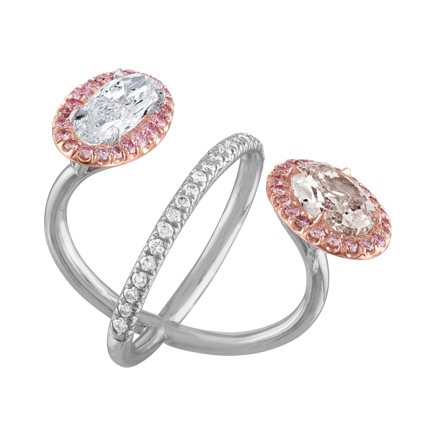 GIA Certified White Oval Diamond and GIA Certified Brown-Pink Diamond Ring