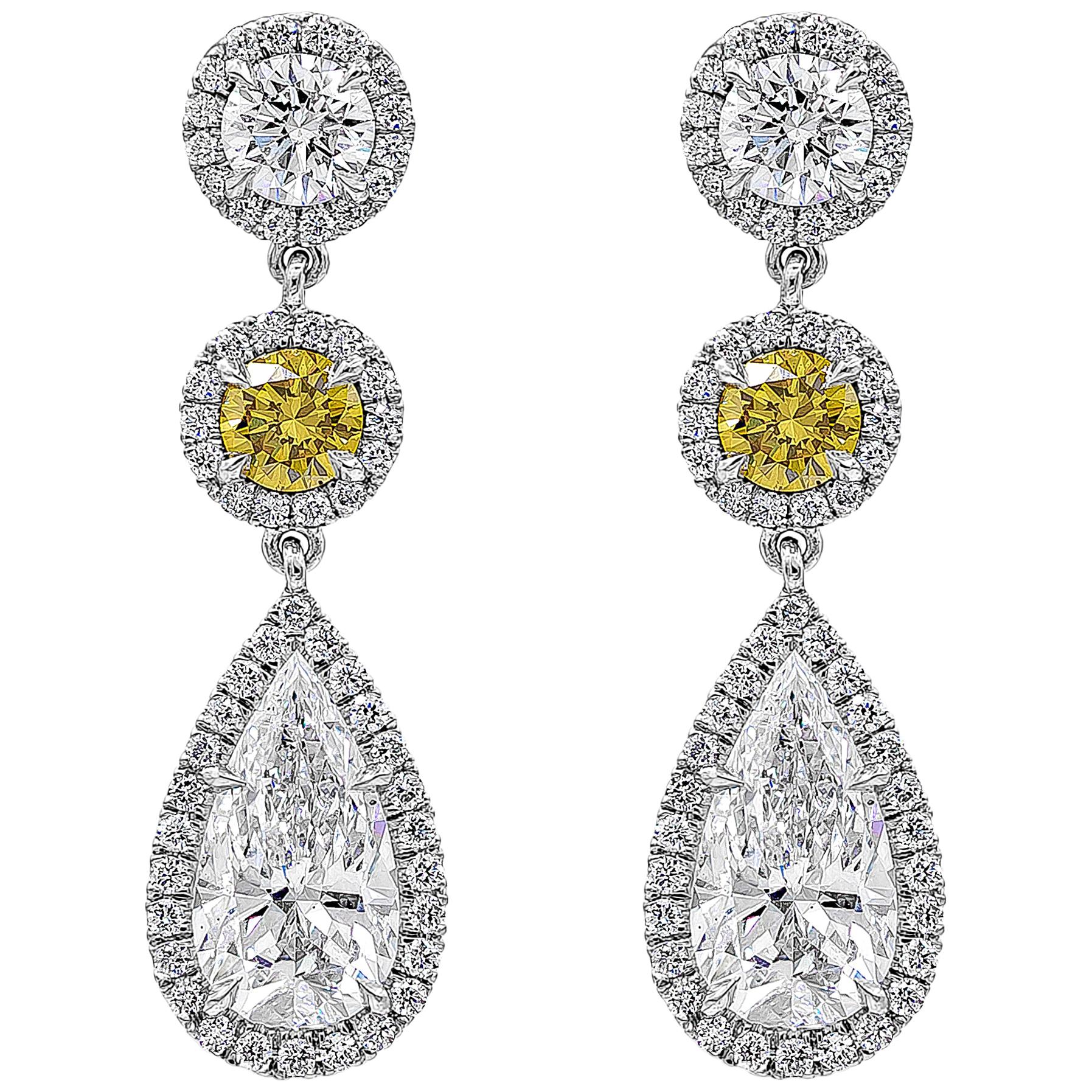 GIA Certified Yellow and White Diamond Pear Shape Dangle Drop Earrings