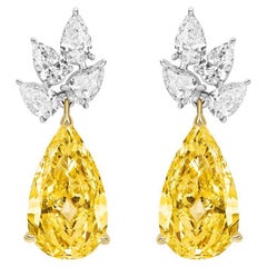 GIA certified Yellow and White Pear Shape Diamond Cluster Dangle Earrings