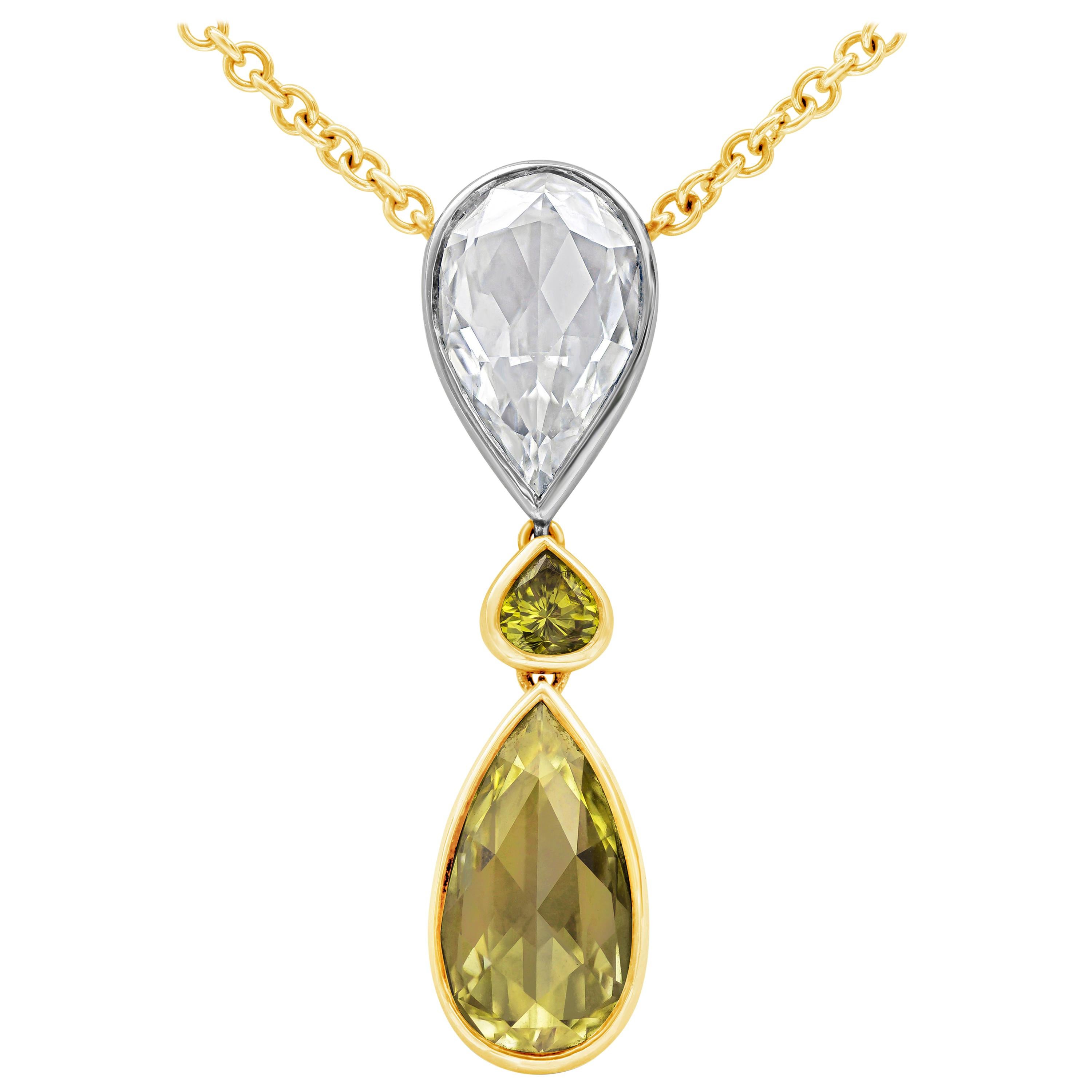 2.47 Carats Total Pear Cut Fancy Intense Yellow & White Diamond Pendant Necklace