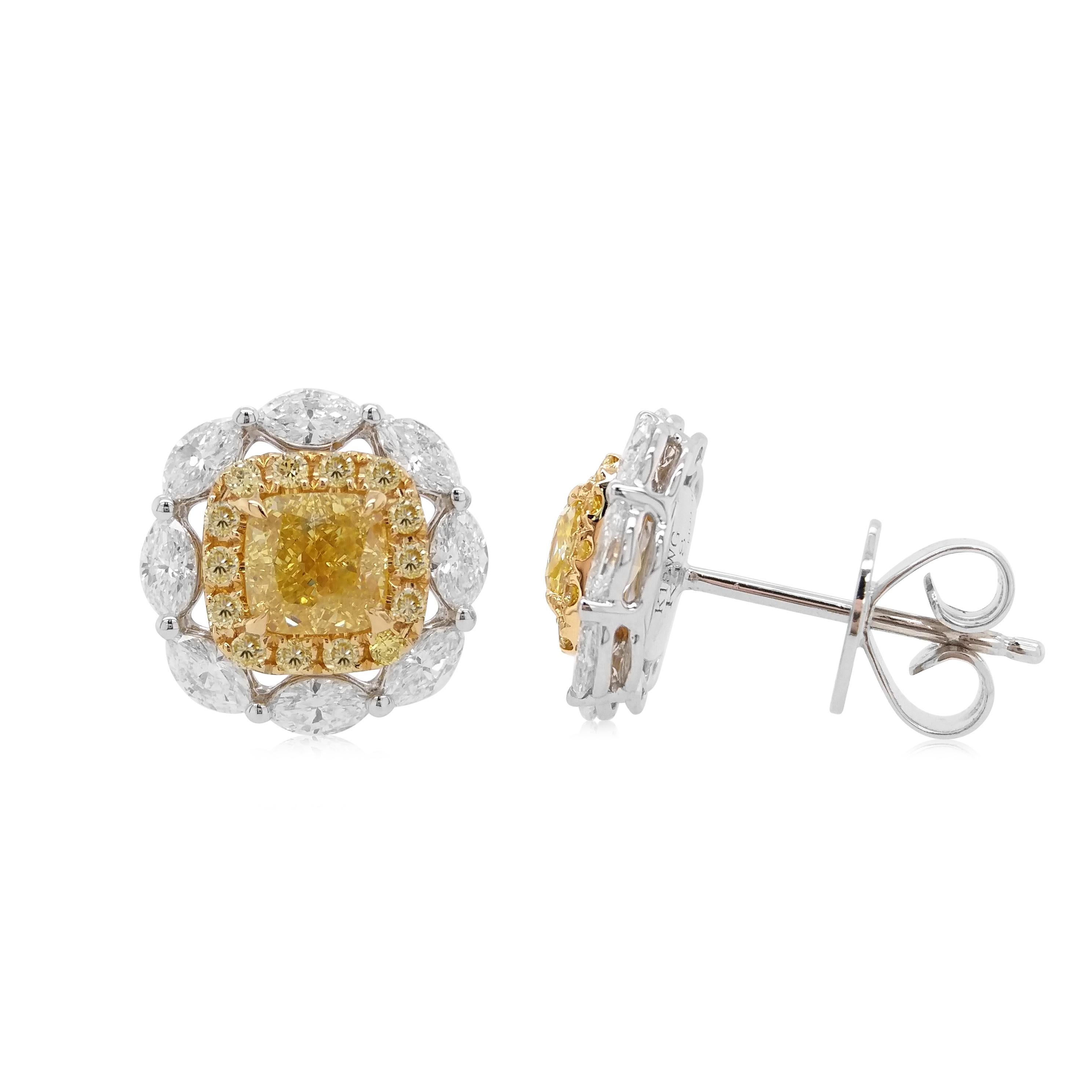 These timeless earrings feature lustrous Square-Radiant-Cut Yellow diamonds surrounded by a delicate scintillating marquise-shaped white diamond halo. These earrings are a contemporary classic and will make the perfect addition to any jewellery