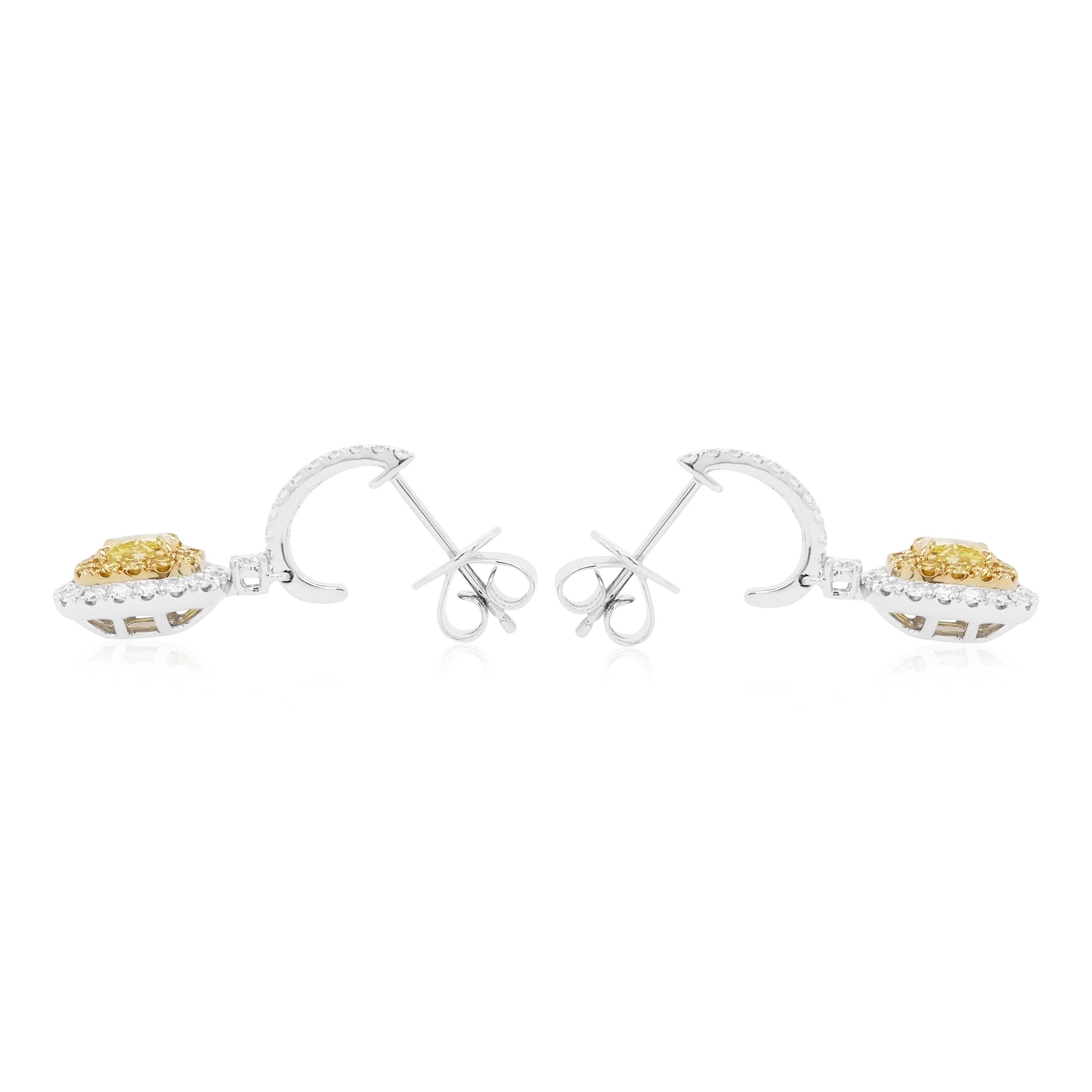 Contemporary GIA Certified Yellow Diamond and White Diamond in 18K Drop Earrings
