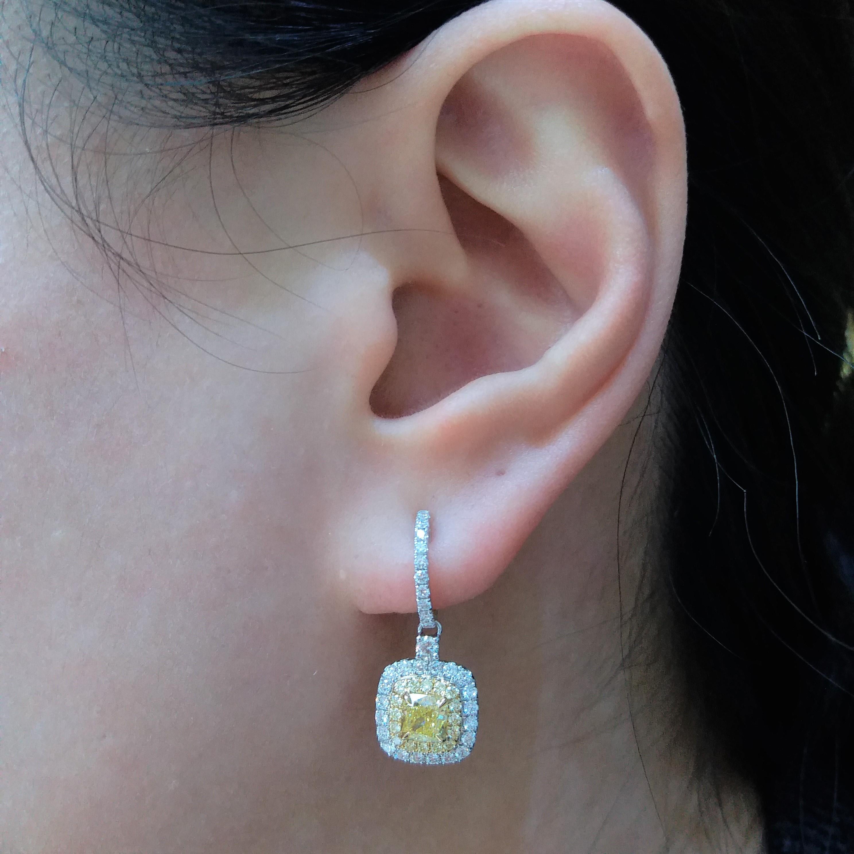 Cushion Cut GIA Certified Yellow Diamond and White Diamond in 18K Drop Earrings