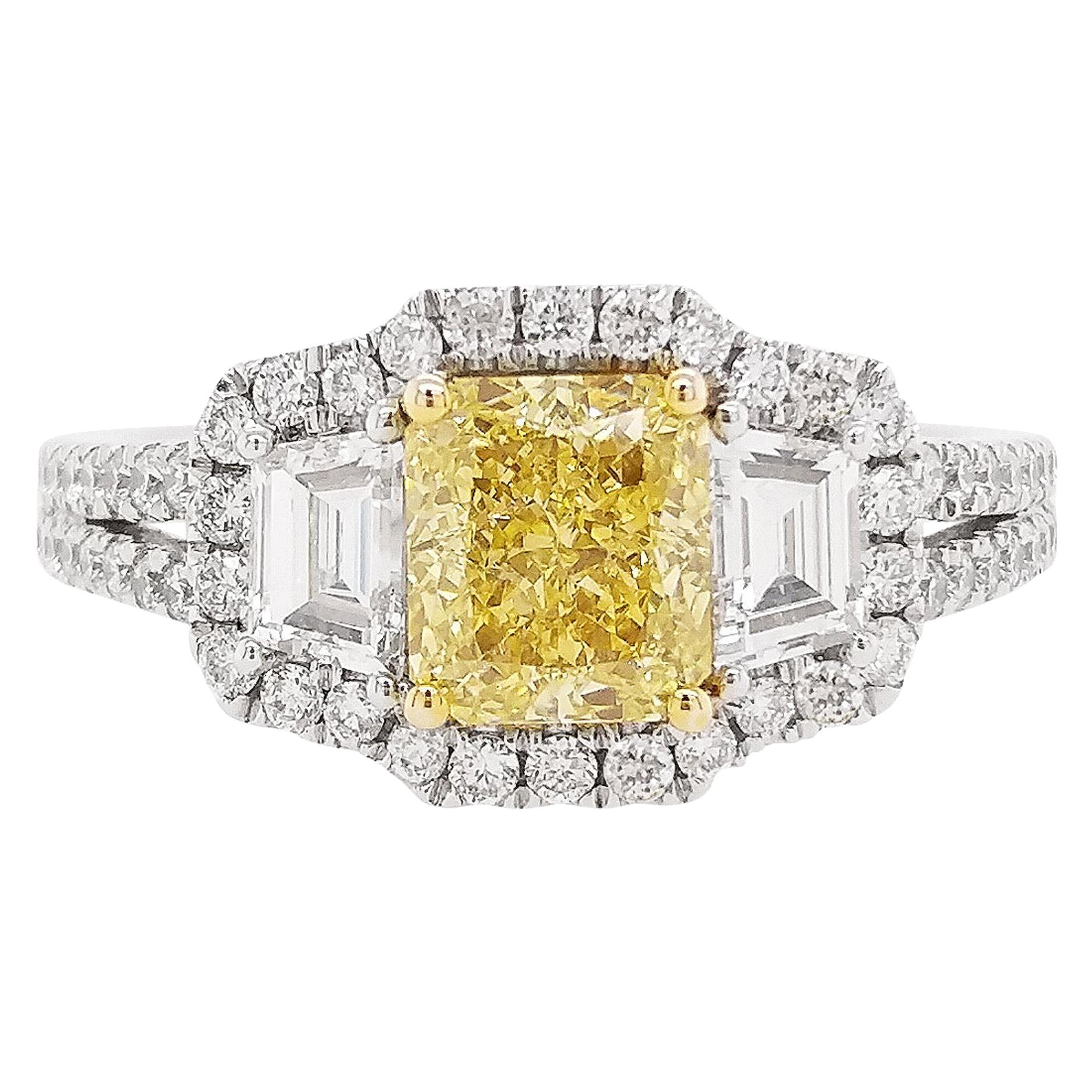 GIA Certified Yellow Diamond 18K Gold Three Stones Engagement Ring