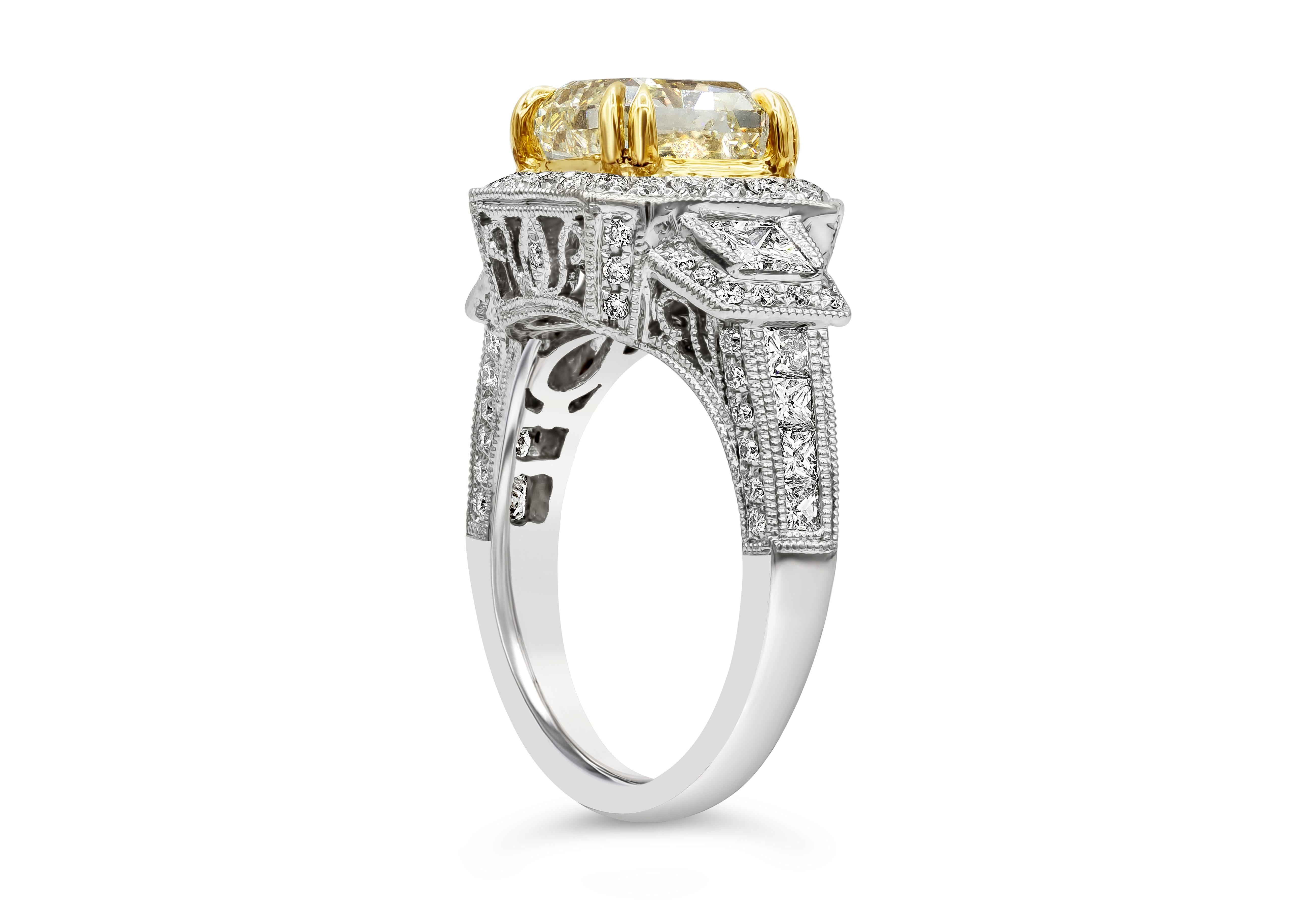 Verlobungsring mit GIA-zertifiziertem 3,40 Karat gelbem Diamant-Halo im Strahlenschliff (Zeitgenössisch) im Angebot