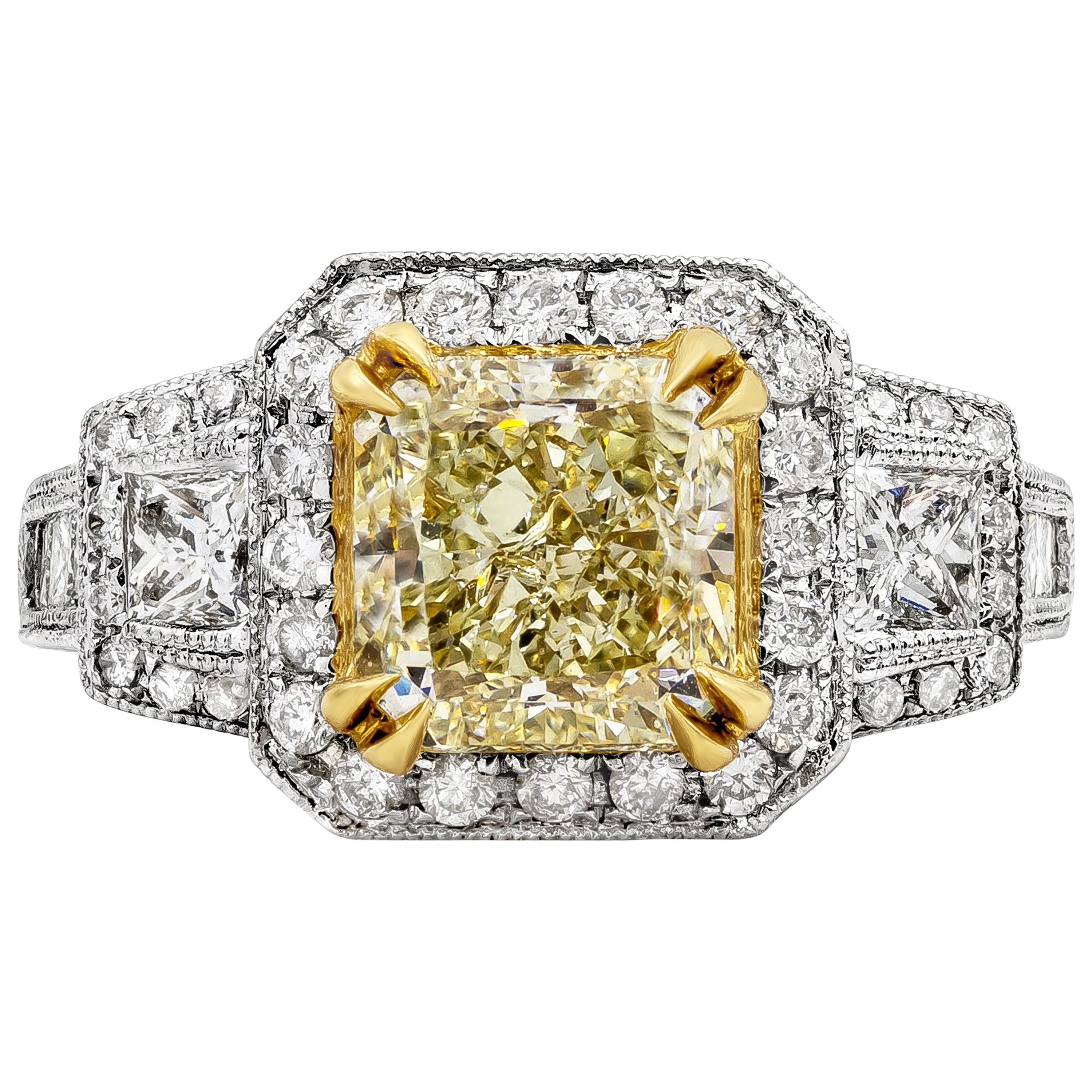 GIA Certified 3.40 Carats Radiant Cut Yellow Diamond Halo Engagement Ring For Sale